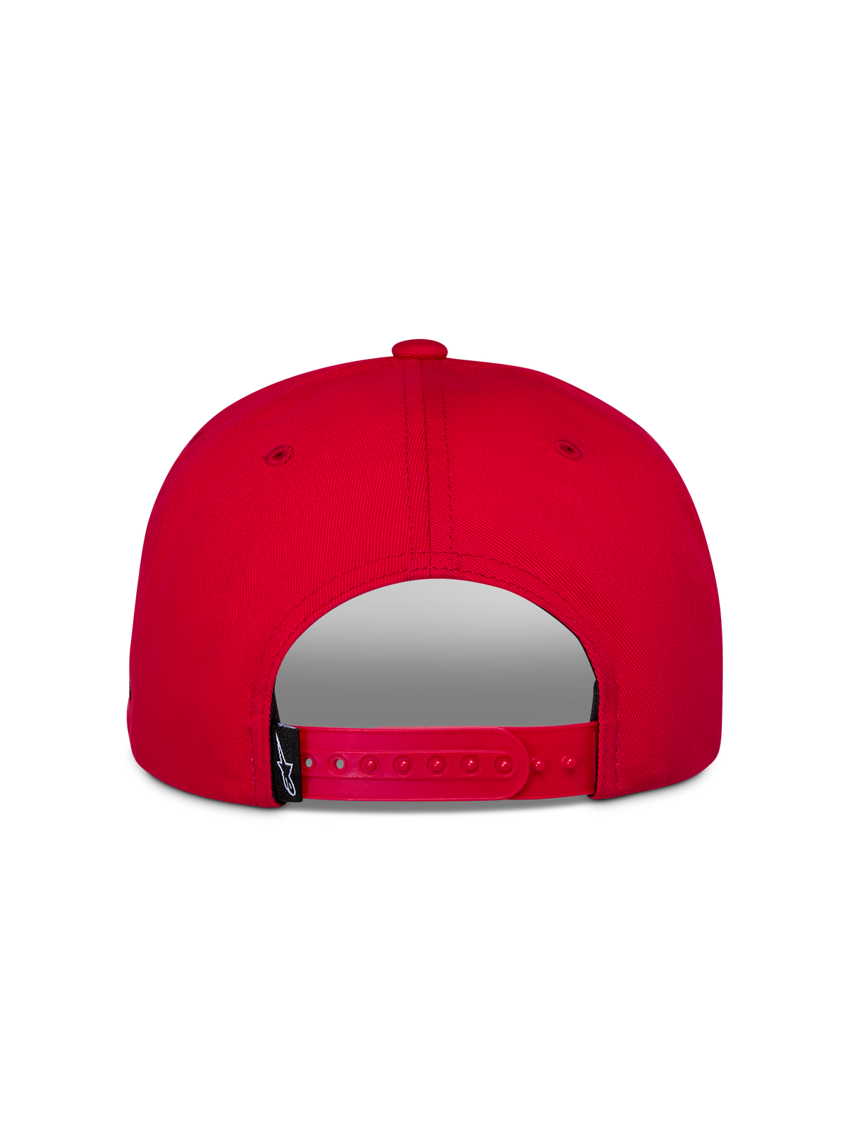 Alpinestars Thickness Snapback kasket, rød, set bagfra med justerbar snap-lukning, struktureret krone, rødt twill-stof, lille sort mærke med logo