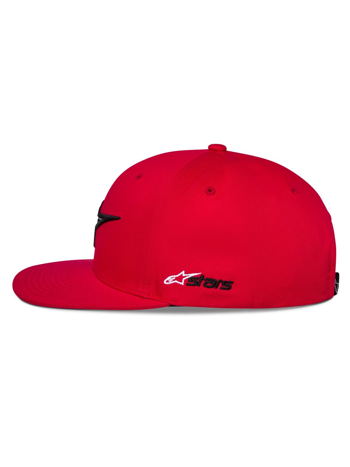 Alpinestars Thickness Snapback kasket, rød, set fra siden, flad skygge og struktureret krone, hvidt og sort Astars-broderi på siden, casual motorsports-inspireret hovedbeklædning
