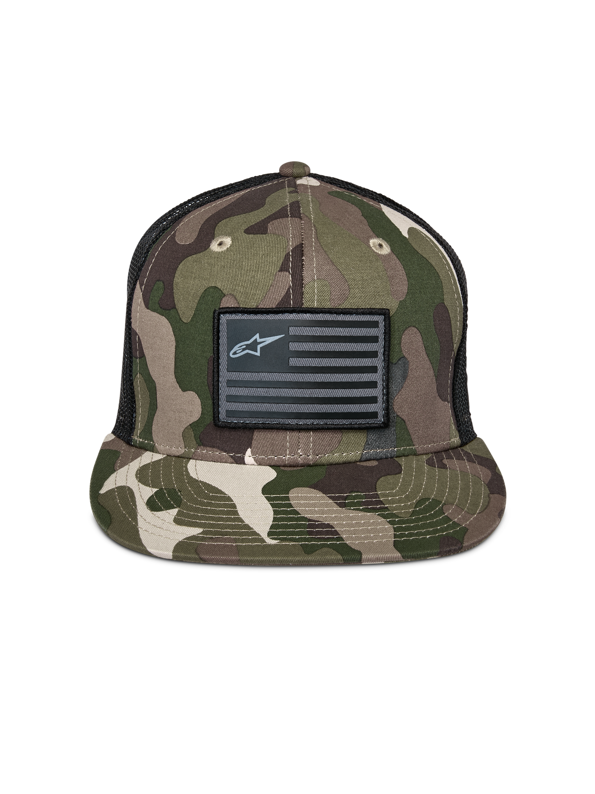 Alpinestars Flag Flat Trucker Hat, grøn camouflage og sort, flad skygge med struktureret krone, sort flag-patch med Alpinestars-logo, mesh-bagside, afslappet motorsport-inspireret hovedbeklædning