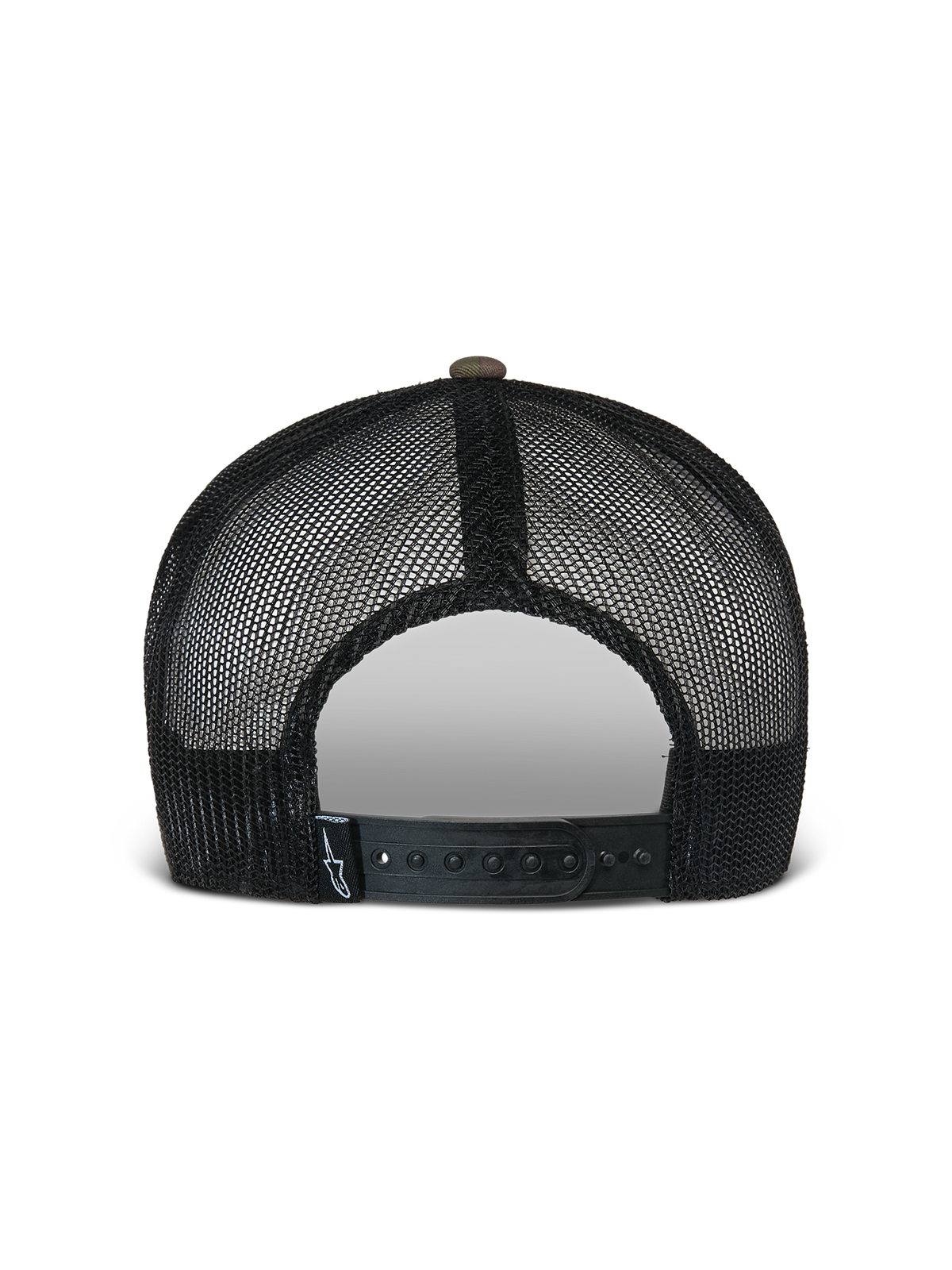 Alpinestars Flag Flat Trucker Hat, Grøn Camo og Sort, set bagfra med åndbare sorte mesh-paneler og en justerbar snapback-lukning med et lille logo-mærke, afslappet motorsportsinspireret hovedbeklædning