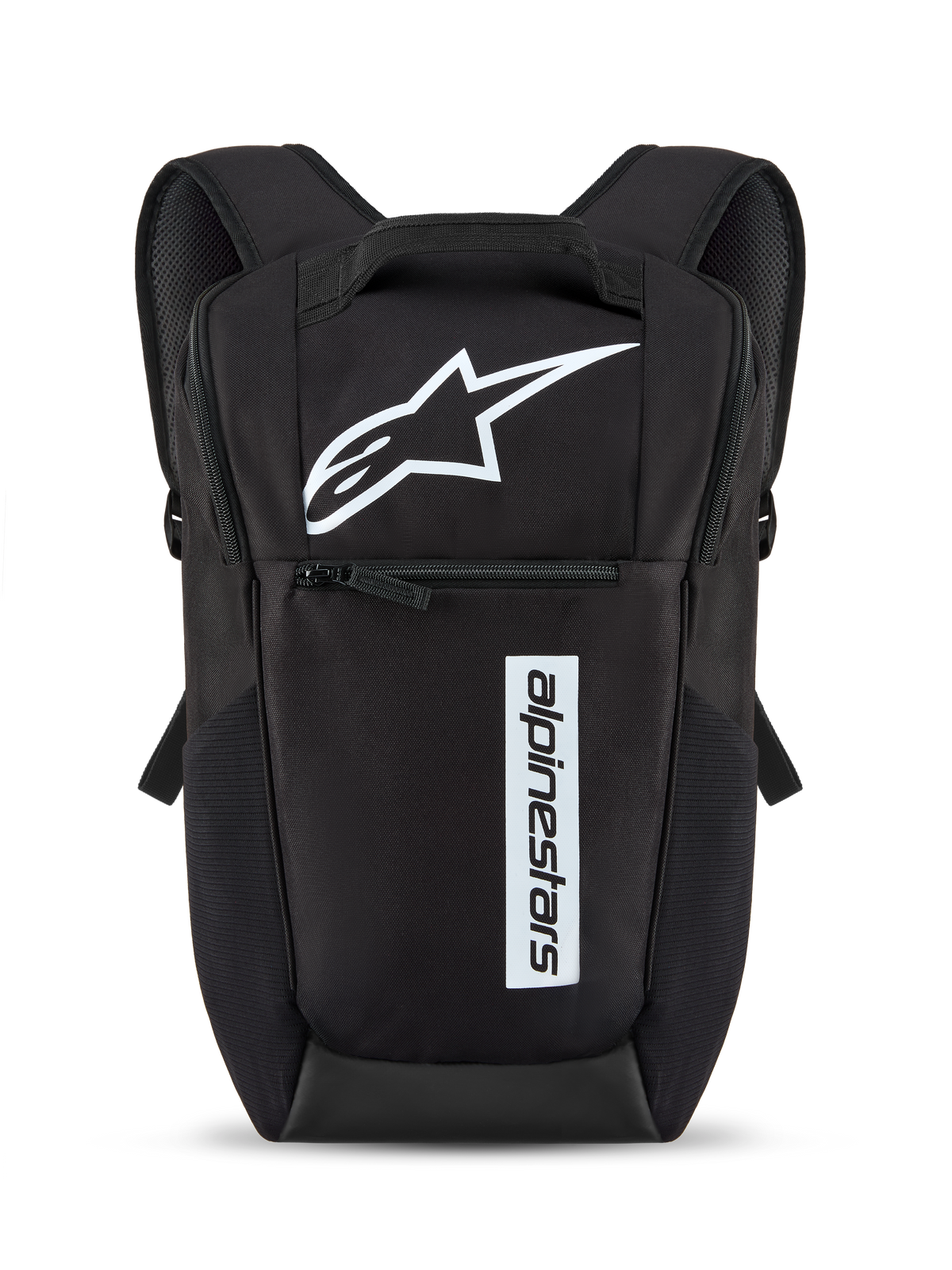 Alpinestars Defcon V3 Rygsæk, sort og hvid, lille hverdagsrygsæk med hvidt stjernelogo og lodret tekstlogo, lynlåslomme foran, polstrede skulderstropper, slidstærkt 600D polyestermateriale