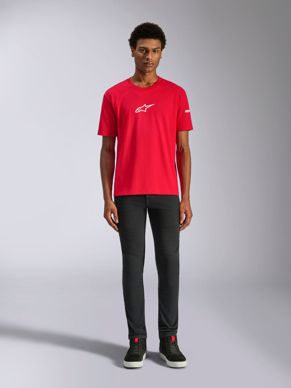 Alpinestars Frontal CSF Tee, Short Sleeve T-Shirt, Red, Small White Astars Logo on Chest, worn by model with black pants and shoes, casual performance sportswear
