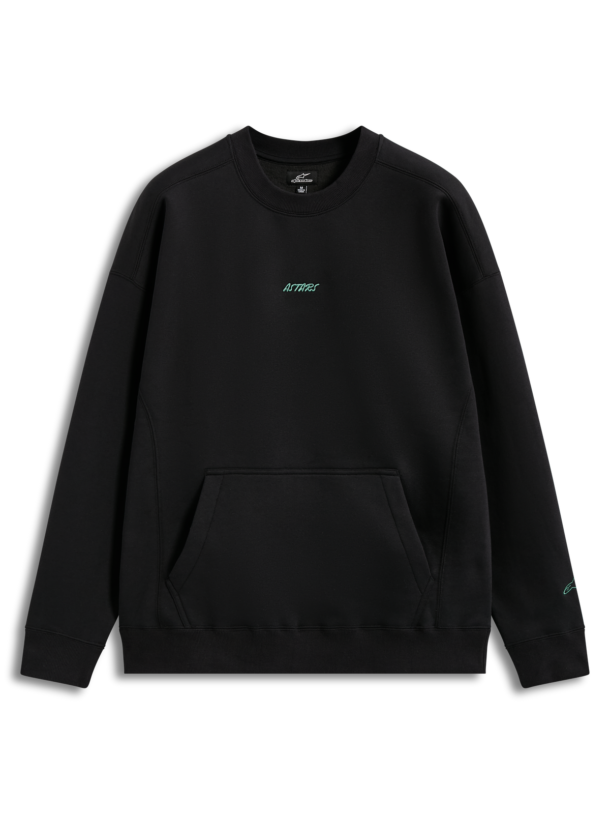 Alpinestars Guise Oversized Crew, sort fleece sweatshirt med blågrønt broderet logo og kængurulomme, afslappet pasform.