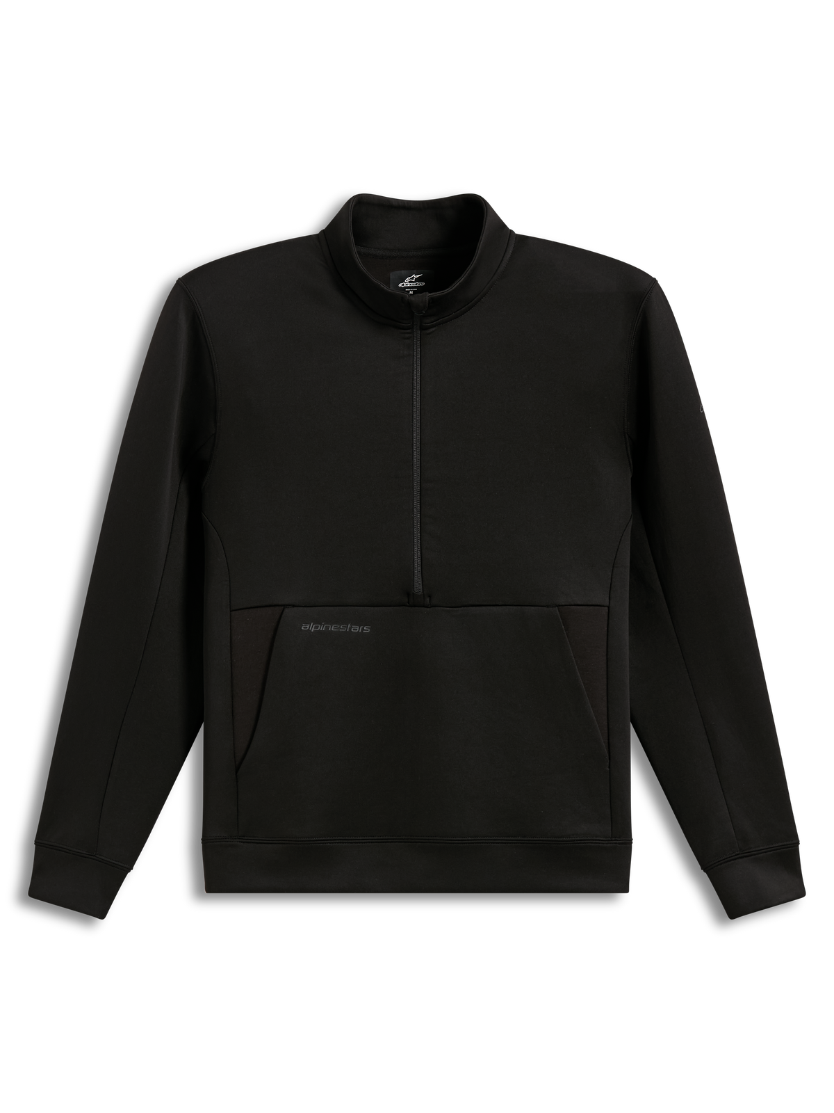 Alpinestars Apera Half-Zip sweatshirt i sort performance-fleece med kængurulomme og tonalt logo, afslappet sportstøj.
