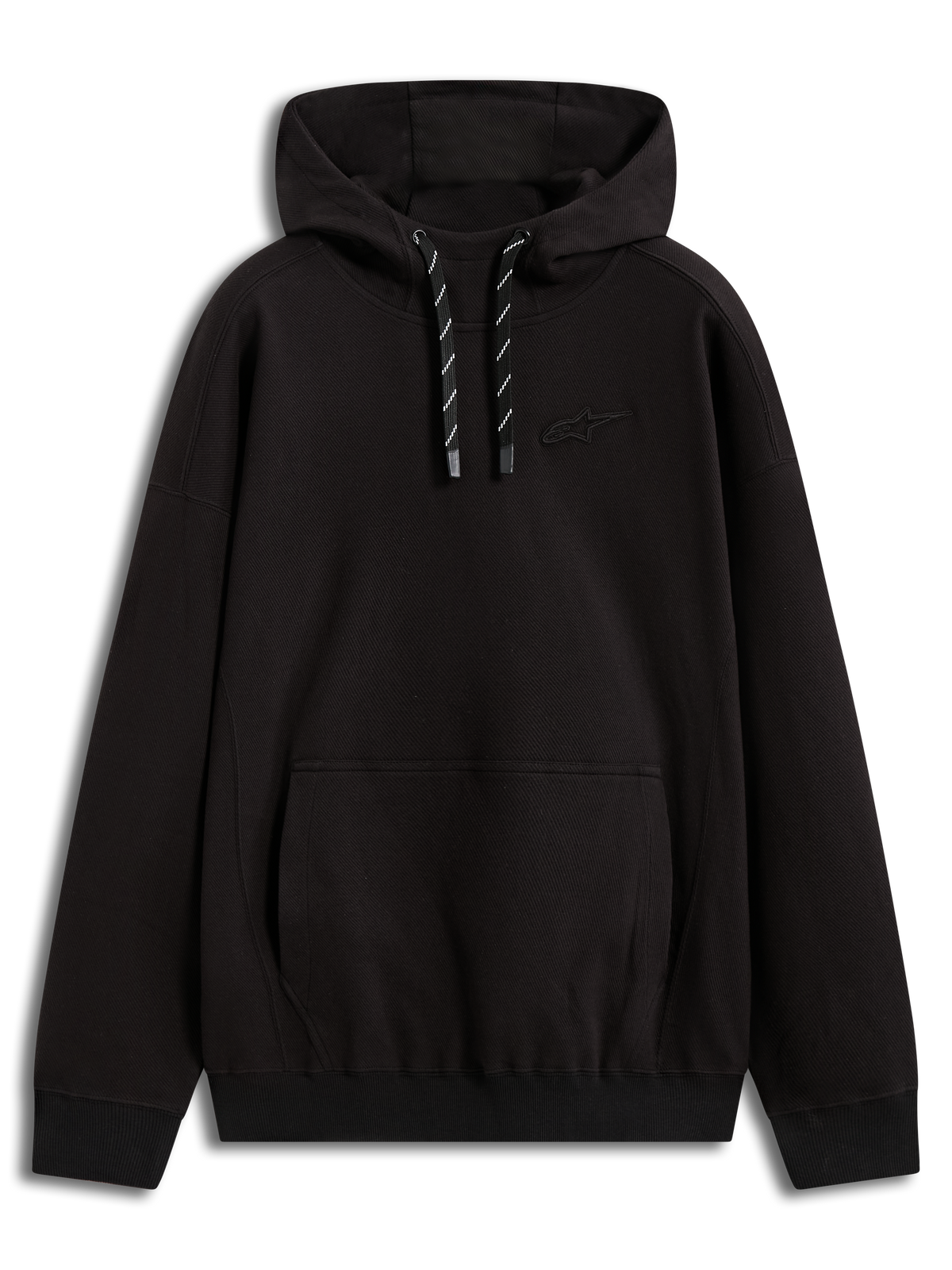 Alpinestars Camino Textured Oversized Hoodie, black twill fleece sportswear with a 3D logo and kangaroo pocket.
