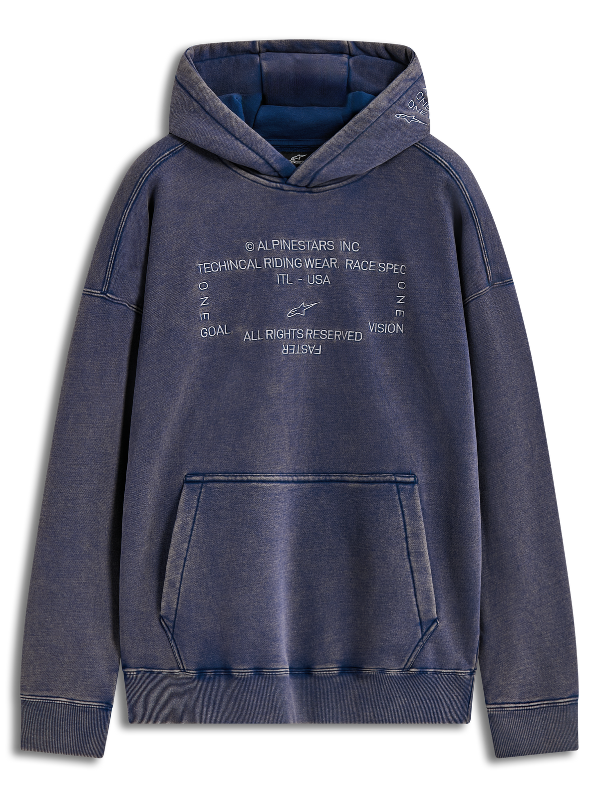 Alpinestars Infinite Washed Oversized Hoodie, blå fleece med broderede logoer og kængurulomme, afslappet sportswear.