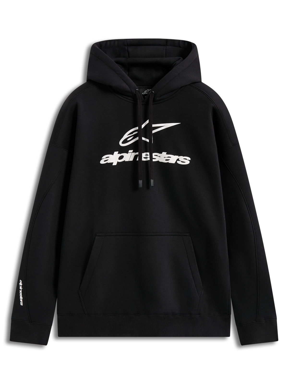Alpinestars Prelude Oversized Hoodie, sort fleecehættetrøje med hvidt puff-print logo, kængurulomme, motorsport-streetwear