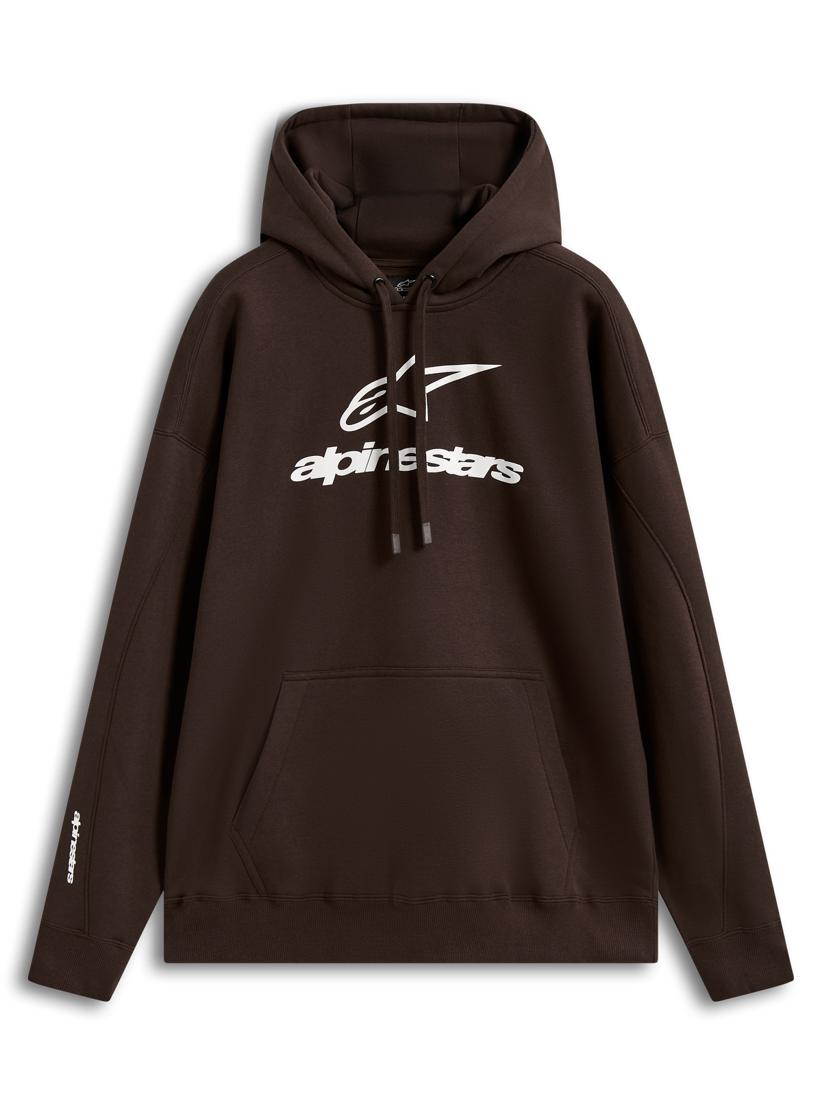 Alpinestars Prelude Oversized Hoodie, brun hættetrøje i fleece med hvidt puff-print logo og kængurulomme, afslappet motorsport-streetwear