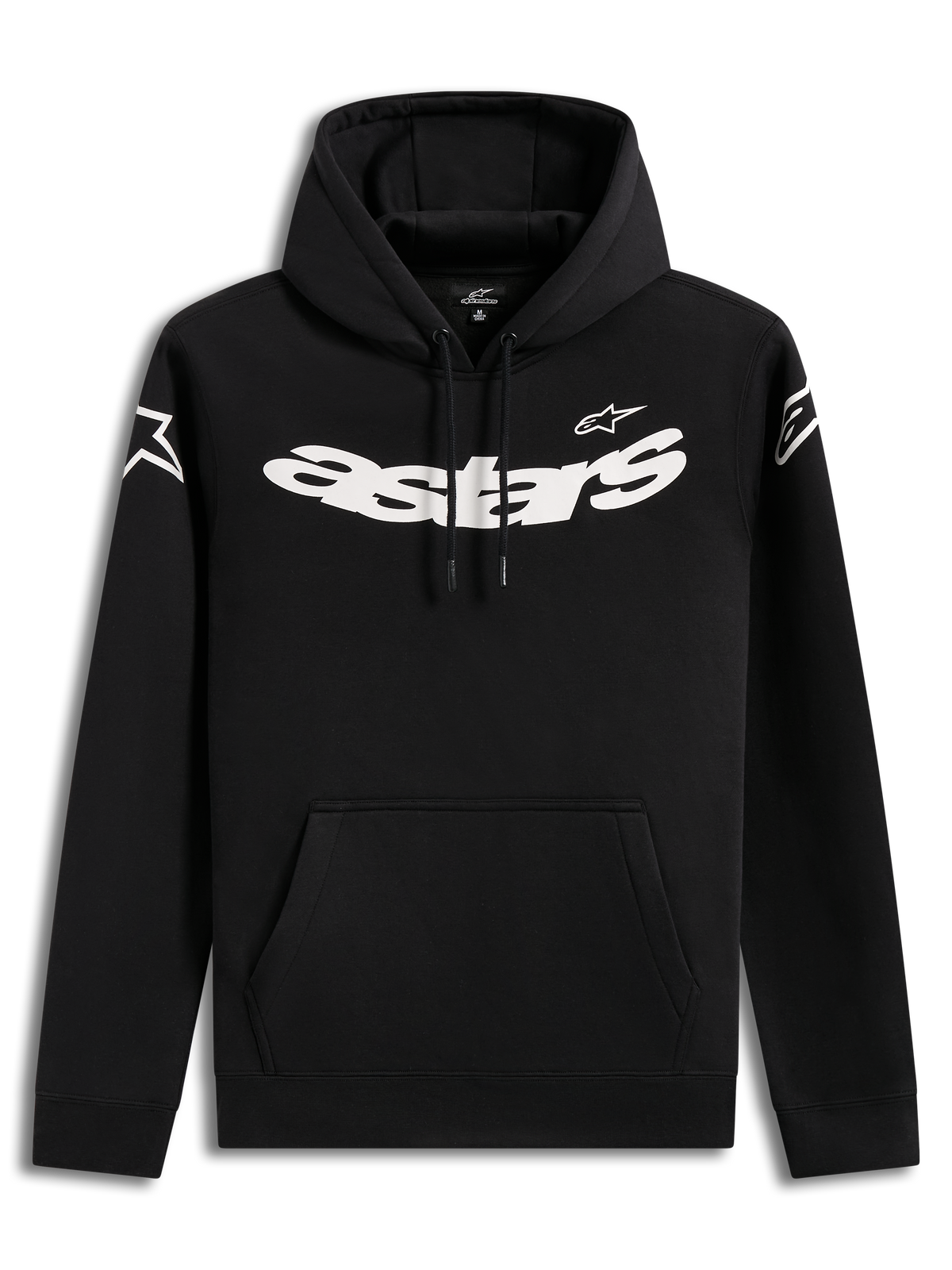 Alpinestars Velocifier hoodie, sort afslappet hættetrøje med markant hvid brystgrafik og kængurulomme.
