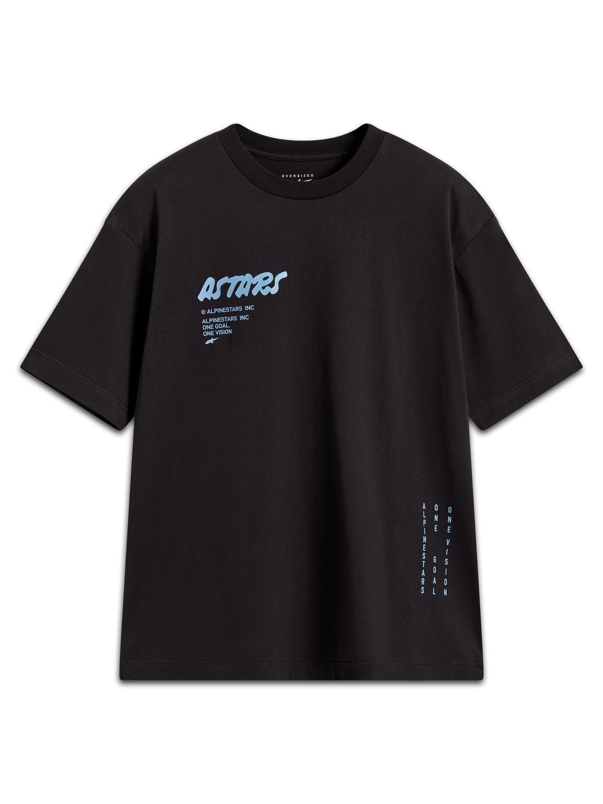Alpinestars Chalk Oversized CSF Tee, sort kortærmet t-shirt med lyseblåt Astars-logo og sidebranding, oversized pasform.