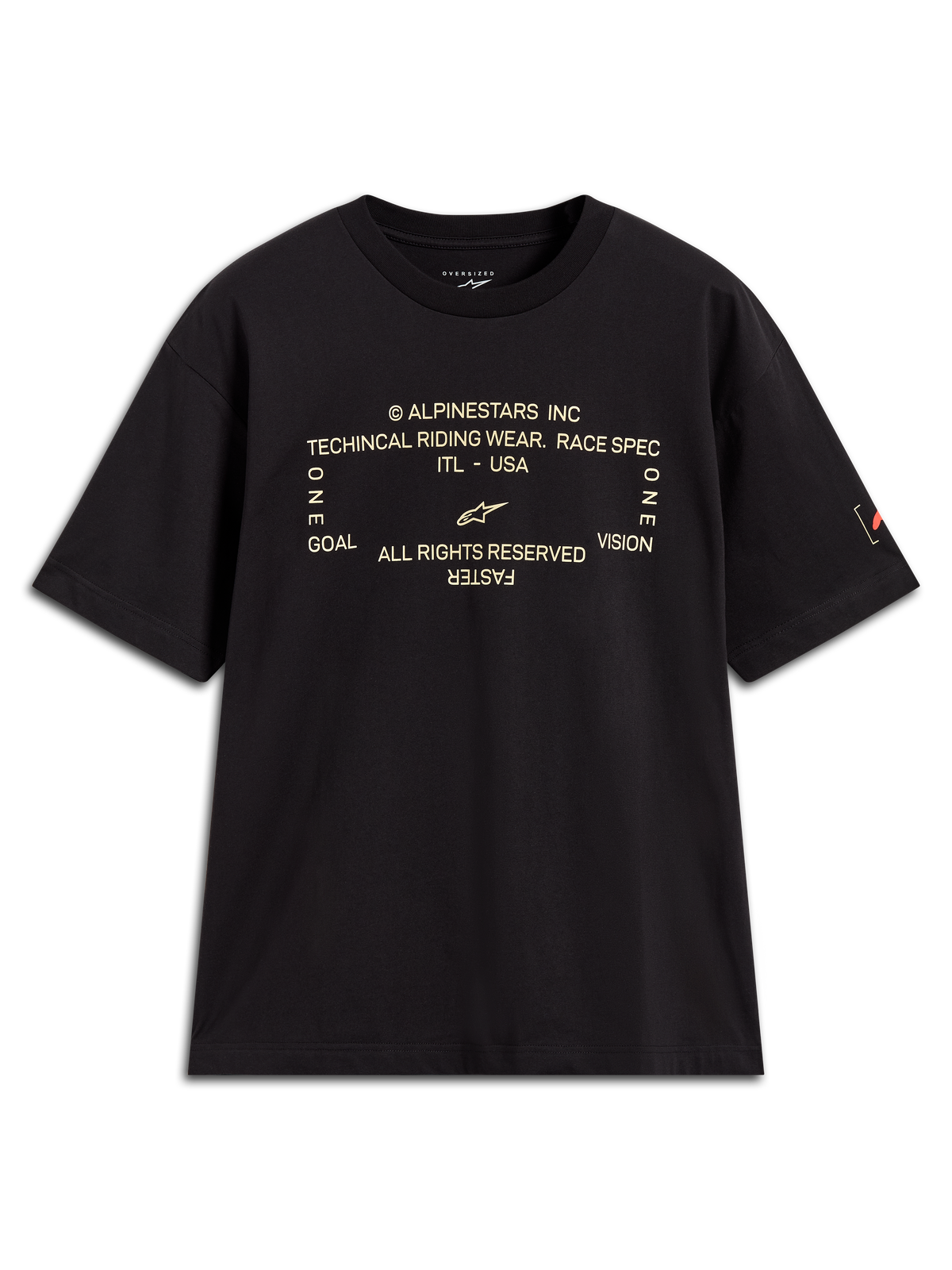 Alpinestars Infinity Oversized CSF Tee, sort kortærmet T-shirt med teknisk tekstgrafik foran, afslappet sportswear.