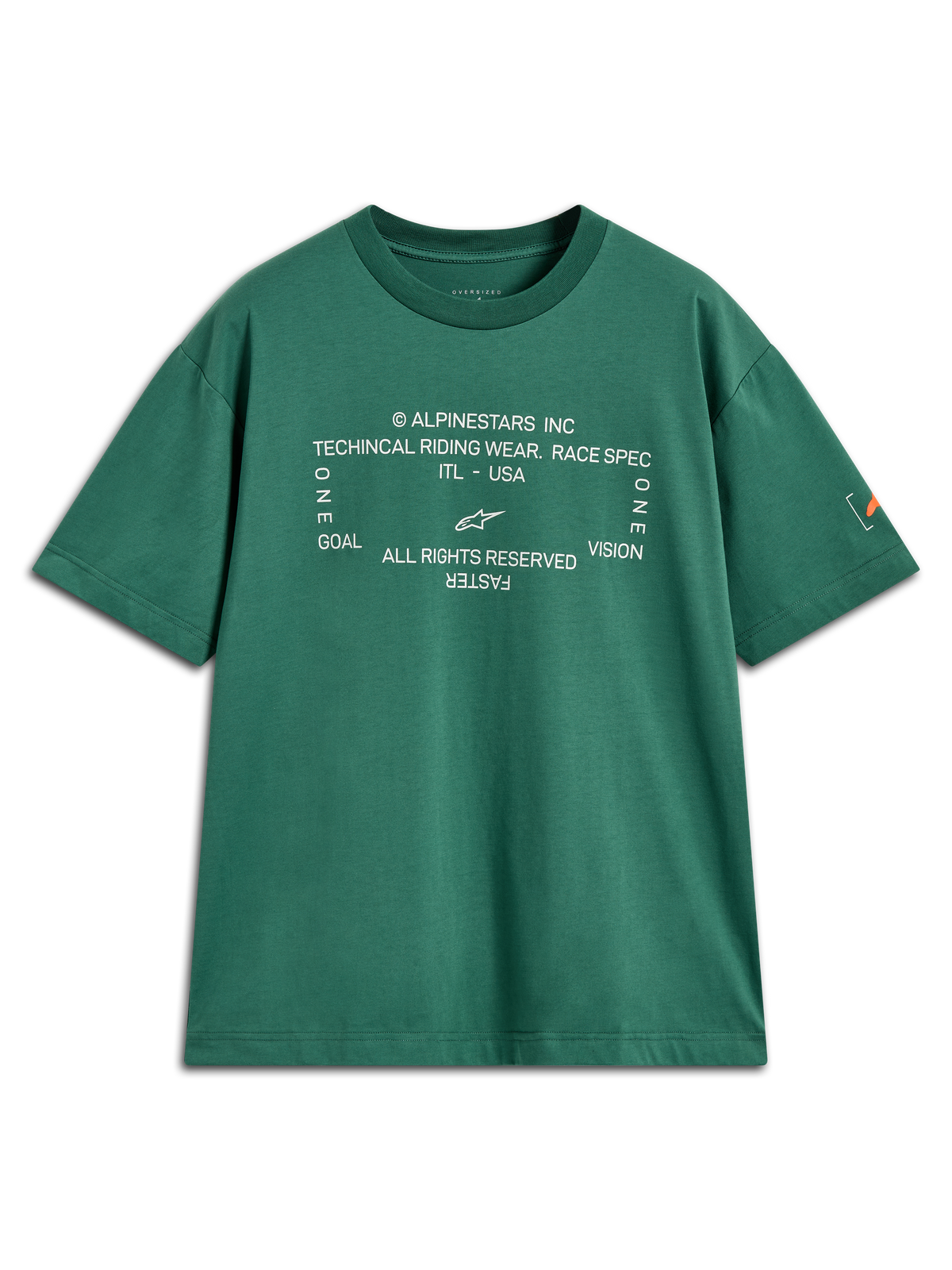 Alpinestars Infinity Oversized CSF Tee, grøn kortærmet t-shirt med hvid teknisk grafik og Astars-logo på ærmet.