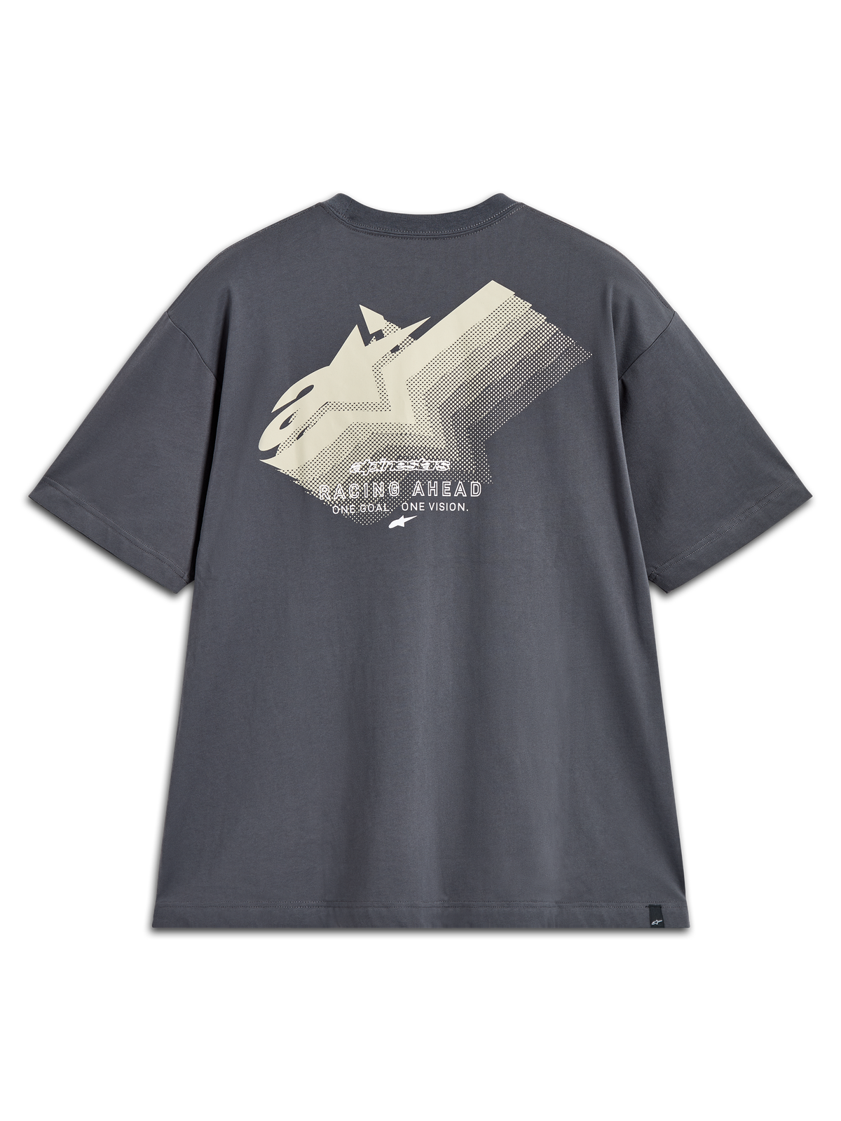 Alpinestars Ghost Oversized CSF Tee, grå kortærmet t-shirt set bagfra med stor fade-logo grafik og Racing Ahead tekst.