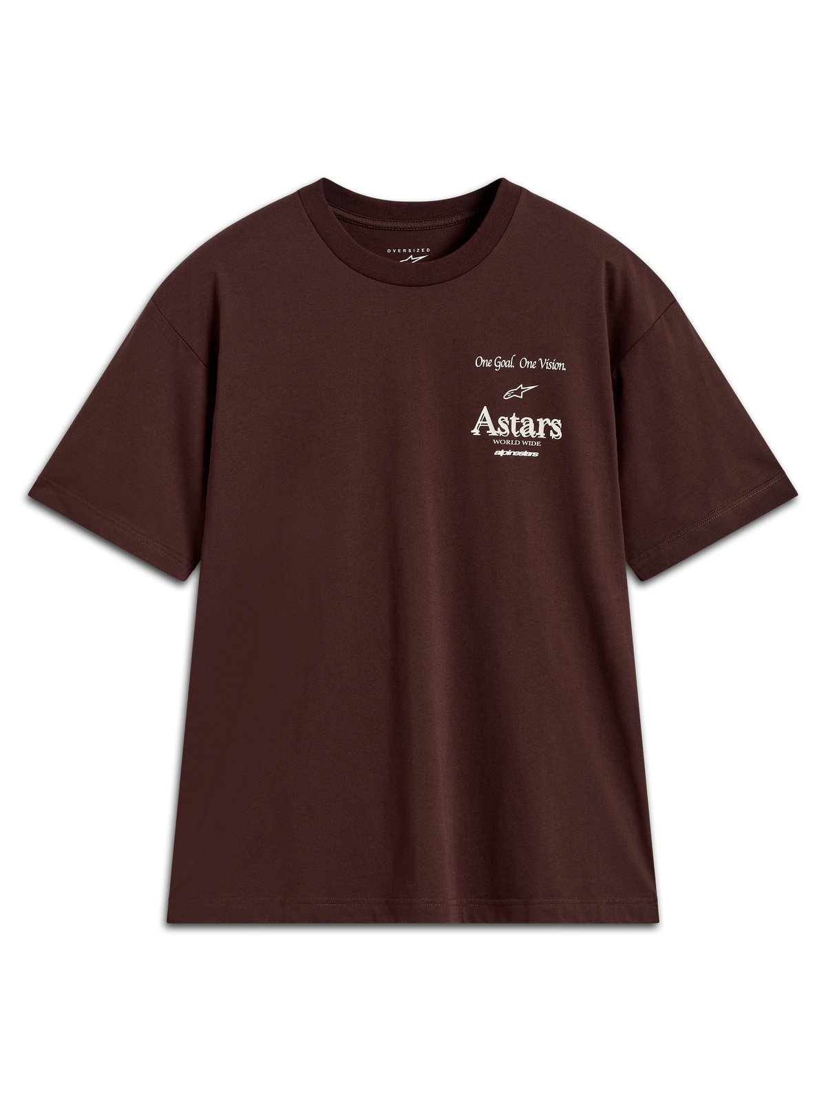 Alpinestars Post Oversized CSF T-shirt, mørkebrun kortærmet trøje med hvid Astars-logografik på brystet.