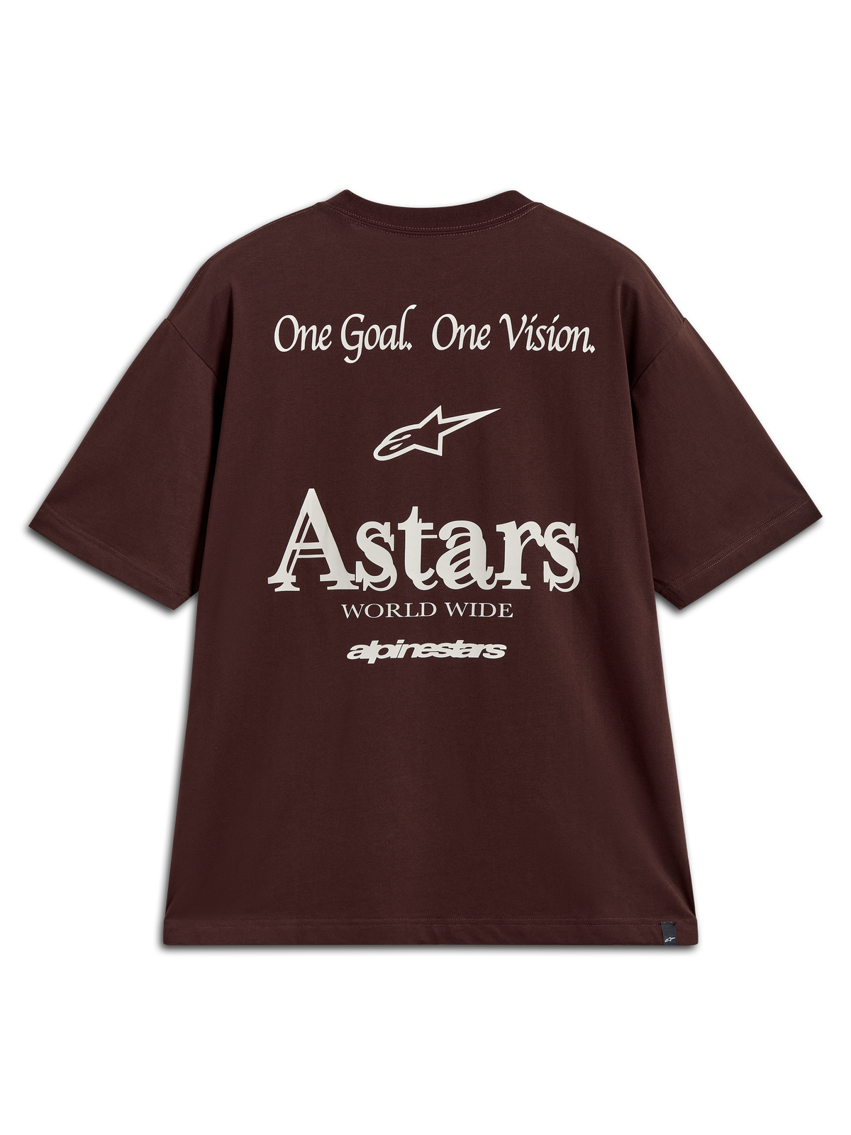 Alpinestars Post Oversized CSF T-shirt, mørkebrun kortærmet trøje med hvid One Goal One Vision grafik og Astars logo bagpå.
