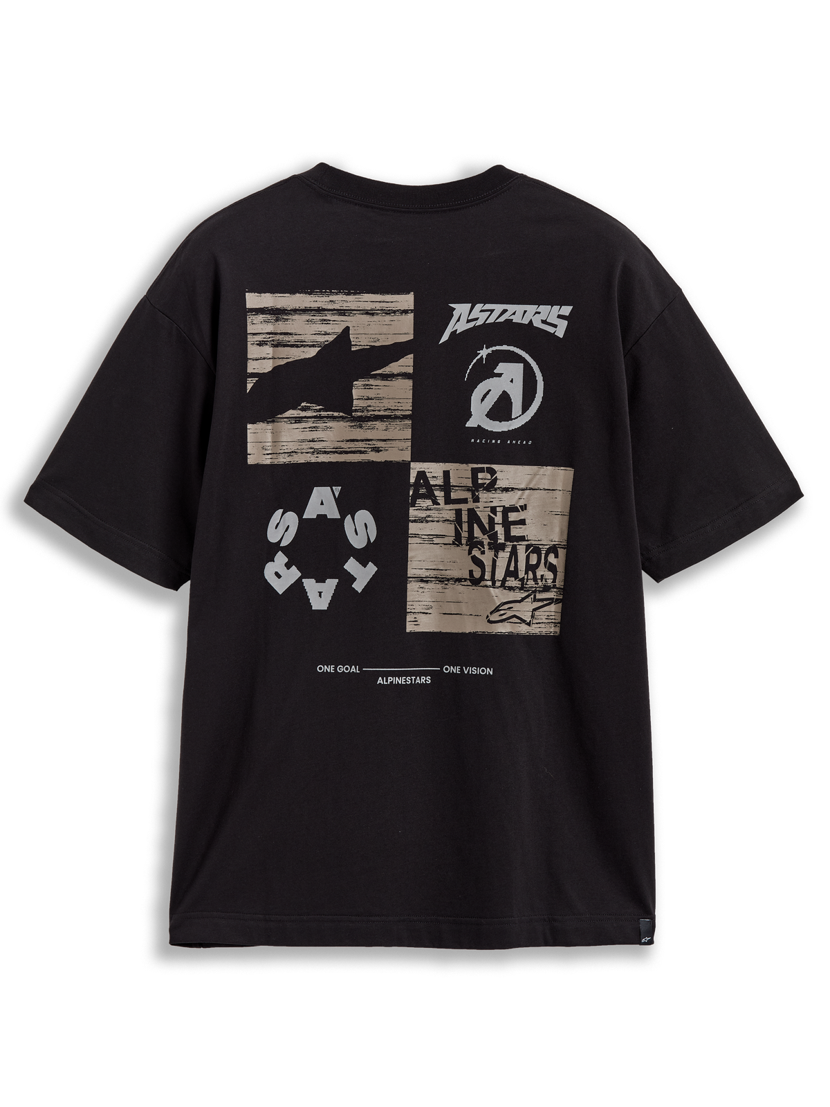 Alpinestars Checkback Oversized CSF T-shirt, sort kortærmet trøje med ternet grafik og manifesto på ryggen.