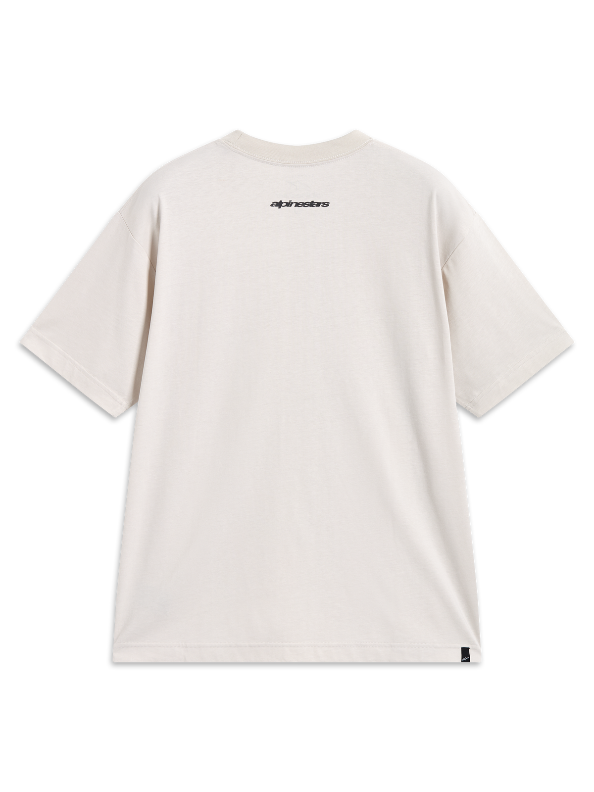 Alpinestars Mandate Oversized CSF t-shirt, kortærmet i sand beige med ordgrafik i nakken og logomærke, set bagfra.