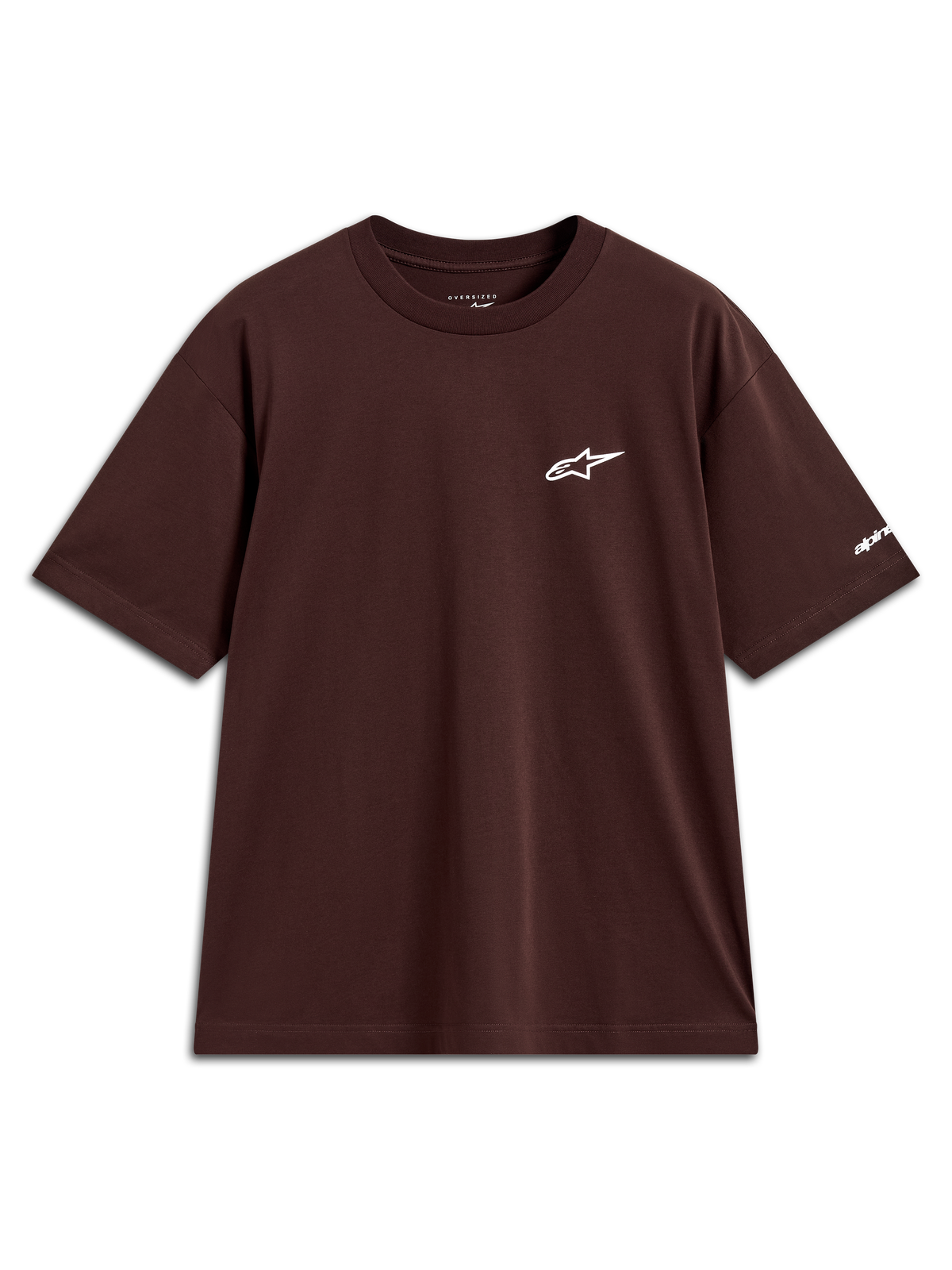 Alpinestars Mandate Oversized CSF Tee, brun kortærmet t-shirt med hvidt Astars-logo i puff print, afslappet sportswear.