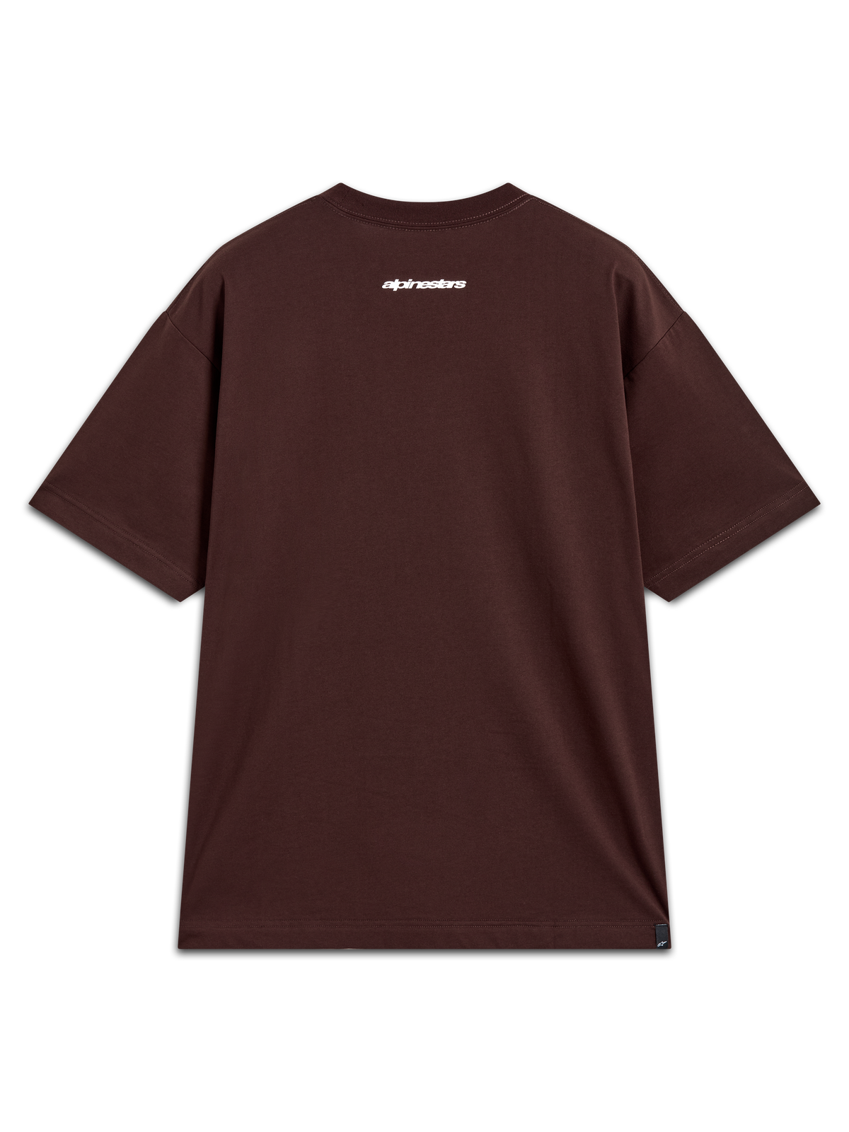Alpinestars Mandate Oversized CSF Tee, brun kortærmet t-shirt set bagfra, hvid ordgrafik på ryggen, oversized pasform, afslappet motorsport sportswear