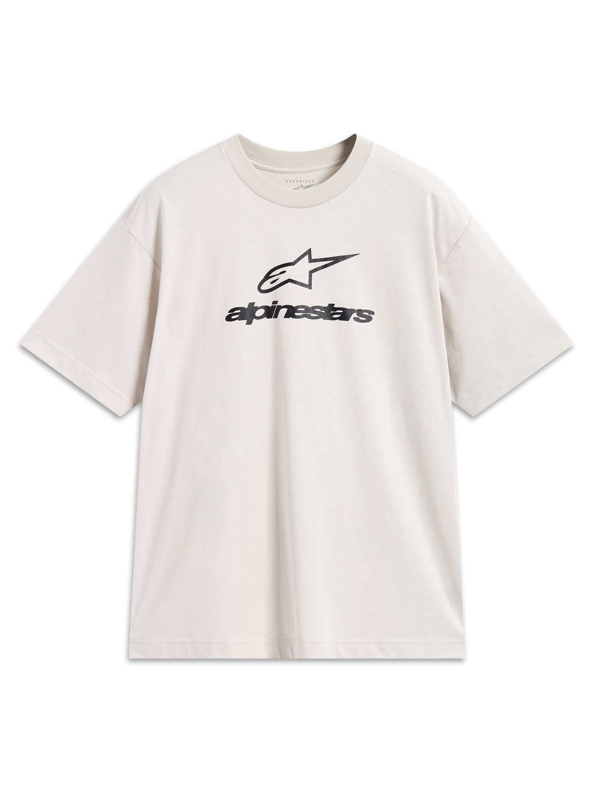 Alpinestars Prelude Oversized CSF Tee, kortærmet t-shirt i sandfarvet med sorte stablede logoer, oversized pasform, afslappet motorsport streetwear