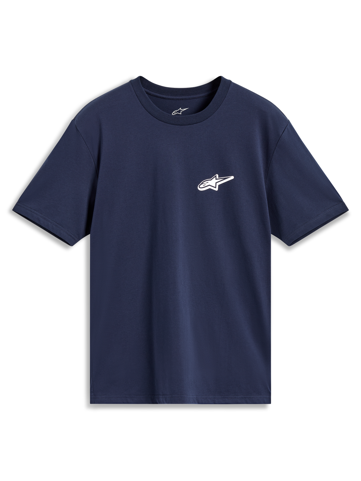 Alpinestars Meteor CSF kortærmet T-shirt i blå med et lille hvidt Astars-logo på brystet, afslappet sportstøj.