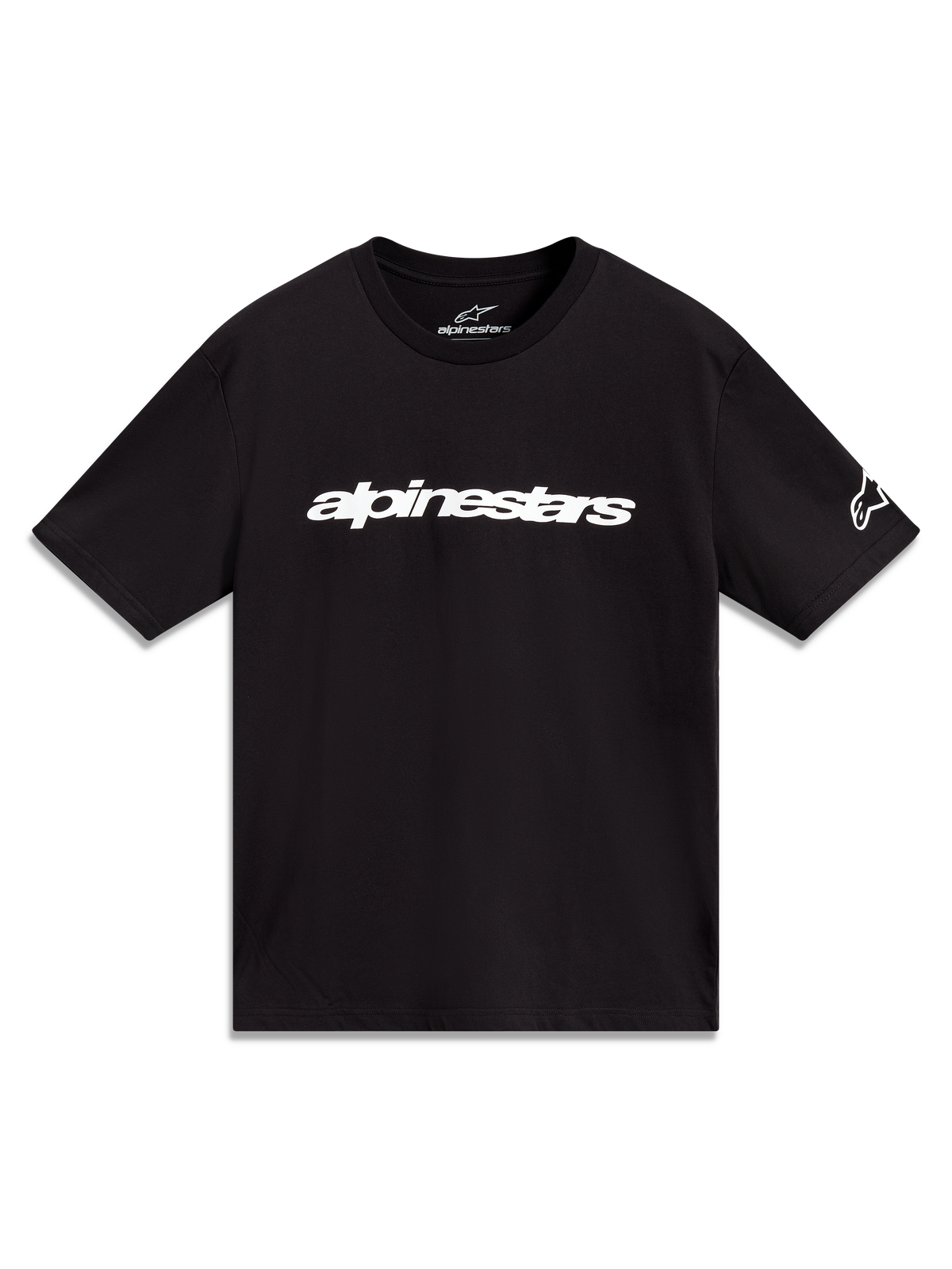 Alpinestars Race Wordmark CSF Tee, sort kortærmet t-shirt med hvidt lineært logo og ærmegrafik, motorsport streetwear