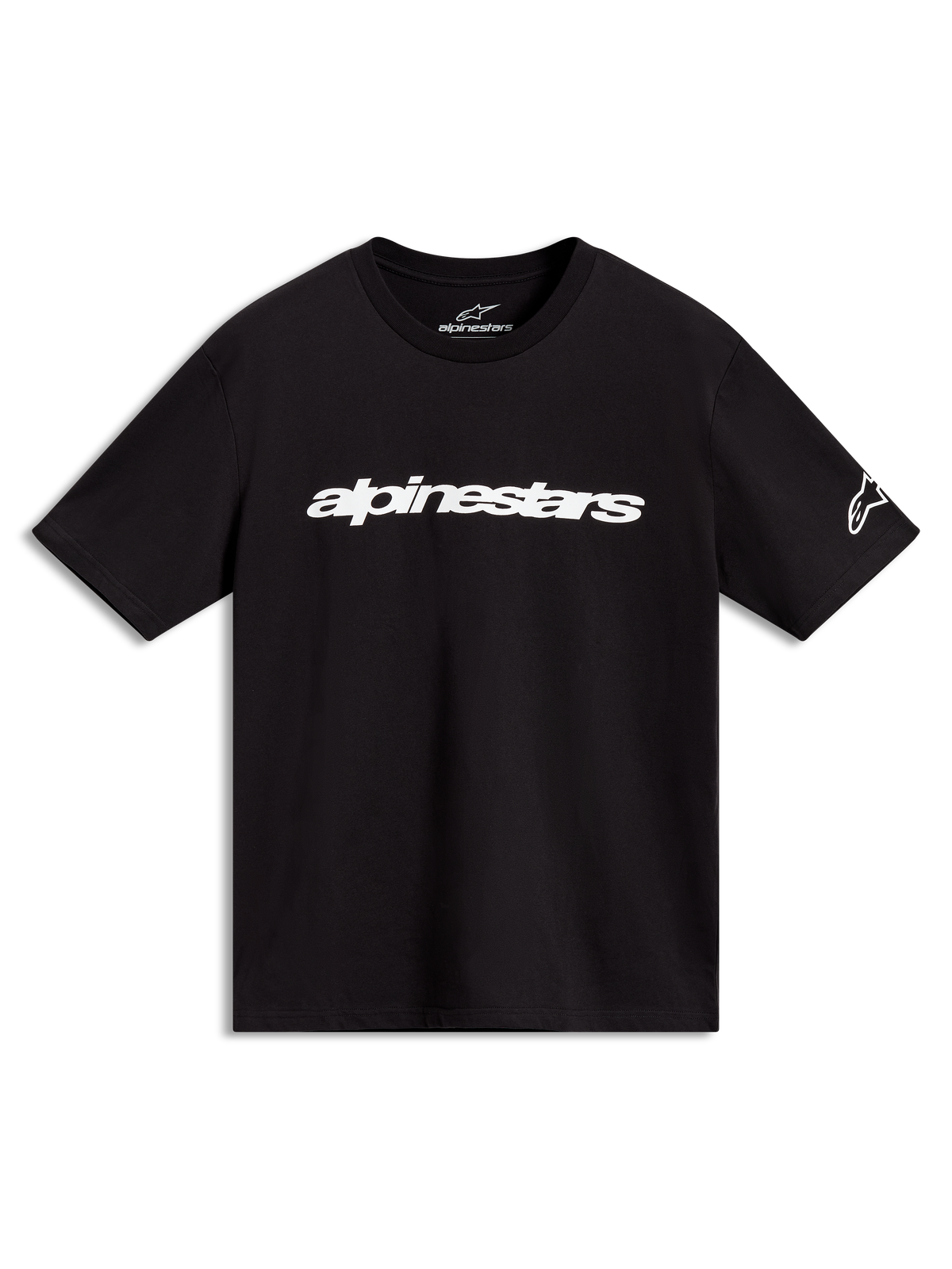 Alpinestars Race Wordmark CSF T-shirt, sort kortærmet med hvidt lineært brystlogo og logo på ærmet, afslappet motorsportstøj