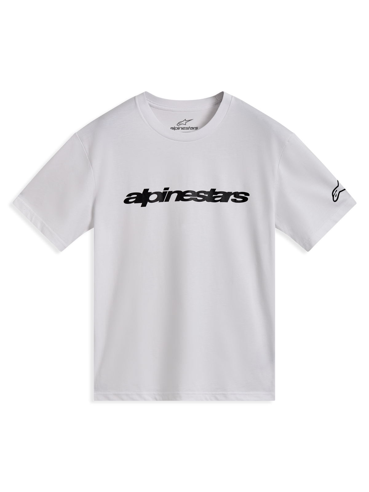 Alpinestars Race Wordmark CSF Tee, hvid kortærmet t-shirt med sort brystlogo og grafik på ærmet, afslappet sportstøj