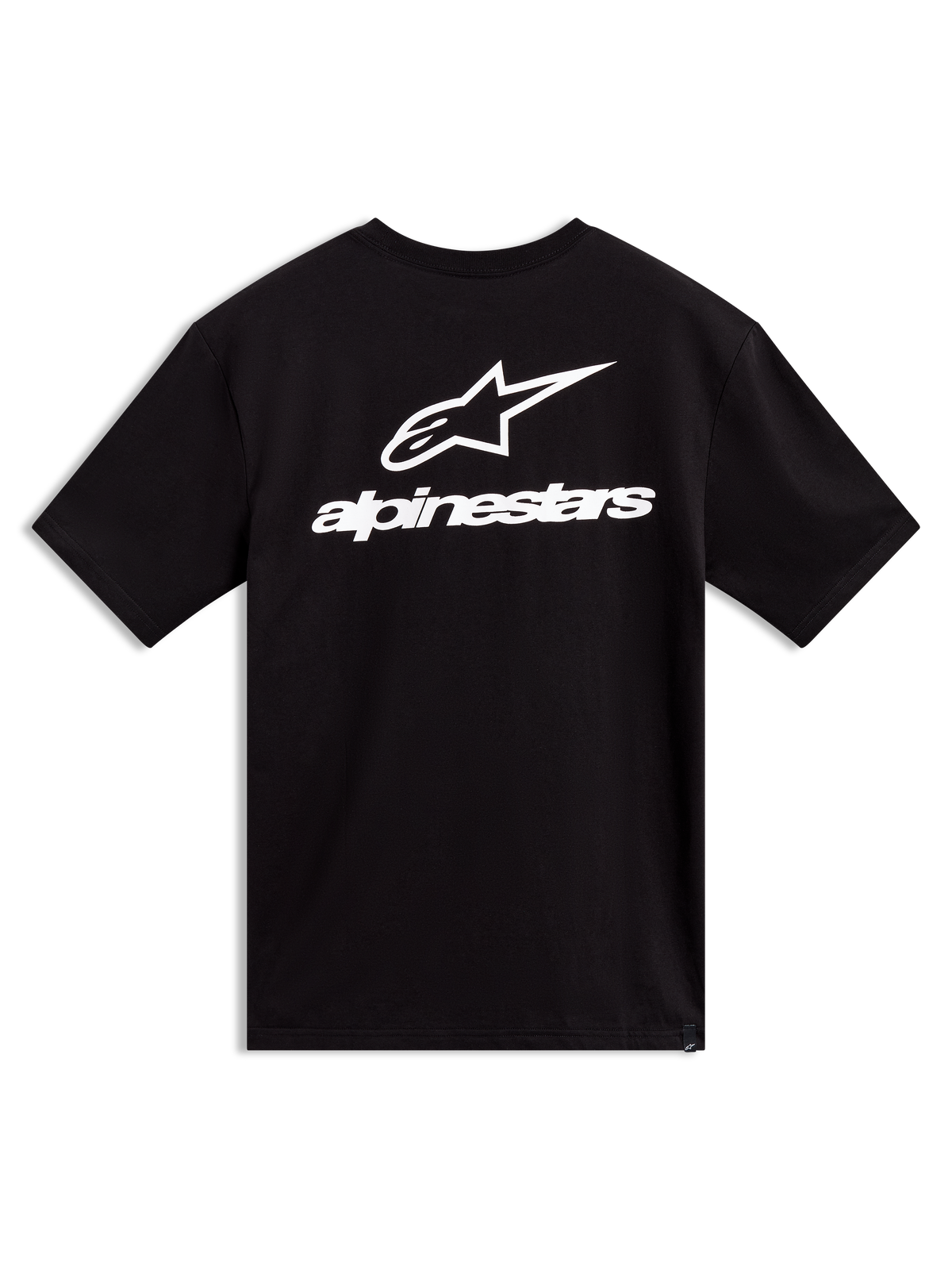 Alpinestars Combo Back CSF Tee, sort kortærmet t-shirt med hvidt logo og tekstgrafik på ryggen, casual sportstøj.