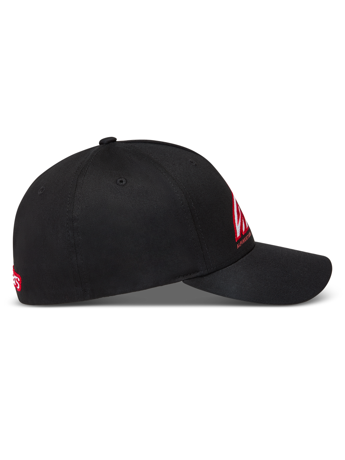 Alpinestars Lineout kasket, sort med buet skygge og struktureret krone, rødt og hvidt logo-broderi, twill-stof, motorsport sportswear
