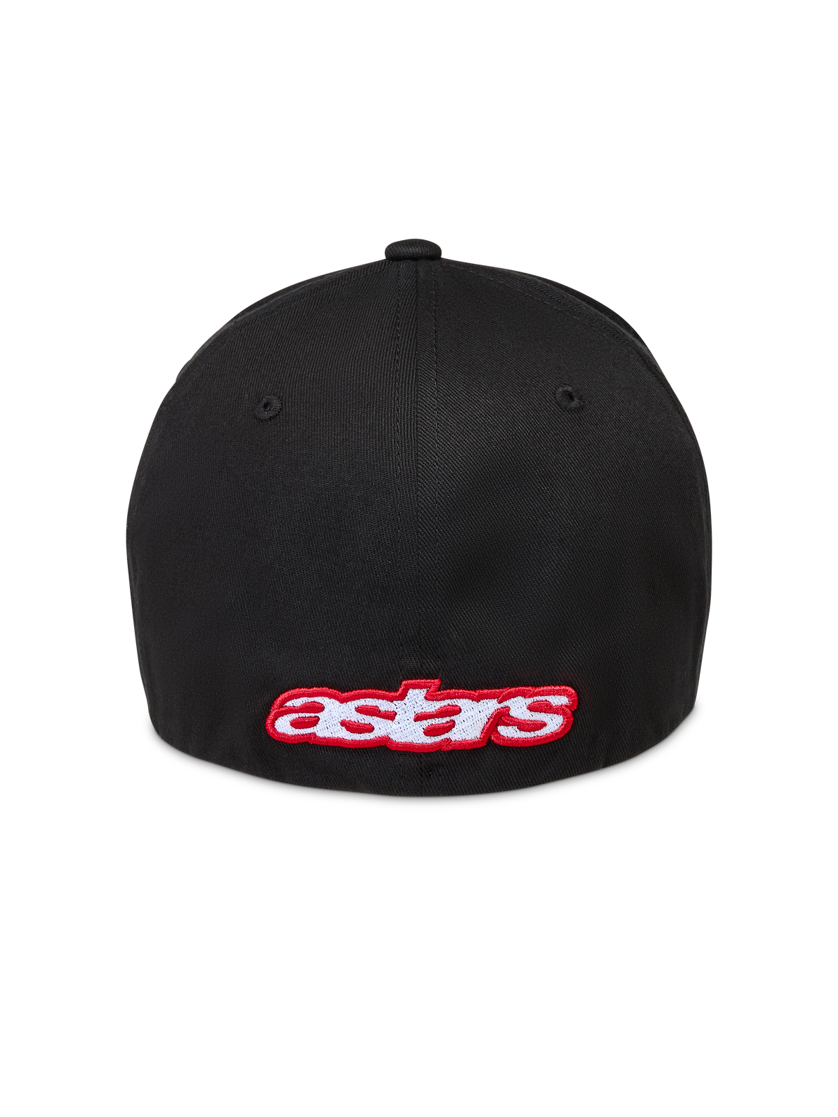 Alpinestars Lineout Hat, sort kasket i twill med flex ryg og rødt og hvidt broderet Astars-logo på bagsiden, afslappet motorsport-streetwear.