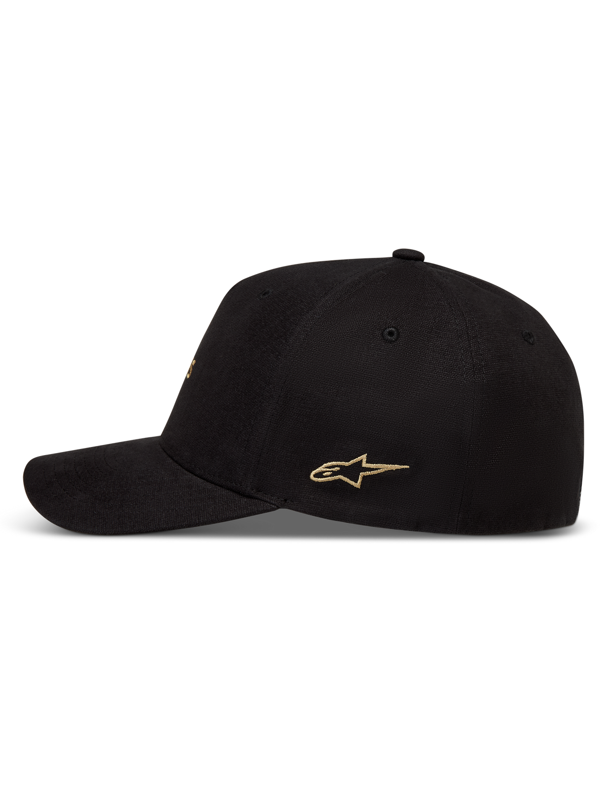 Alpinestars County Canvas Hat, sort kasket med guld Astars-logo broderi på siden, buet skygge og struktureret krone