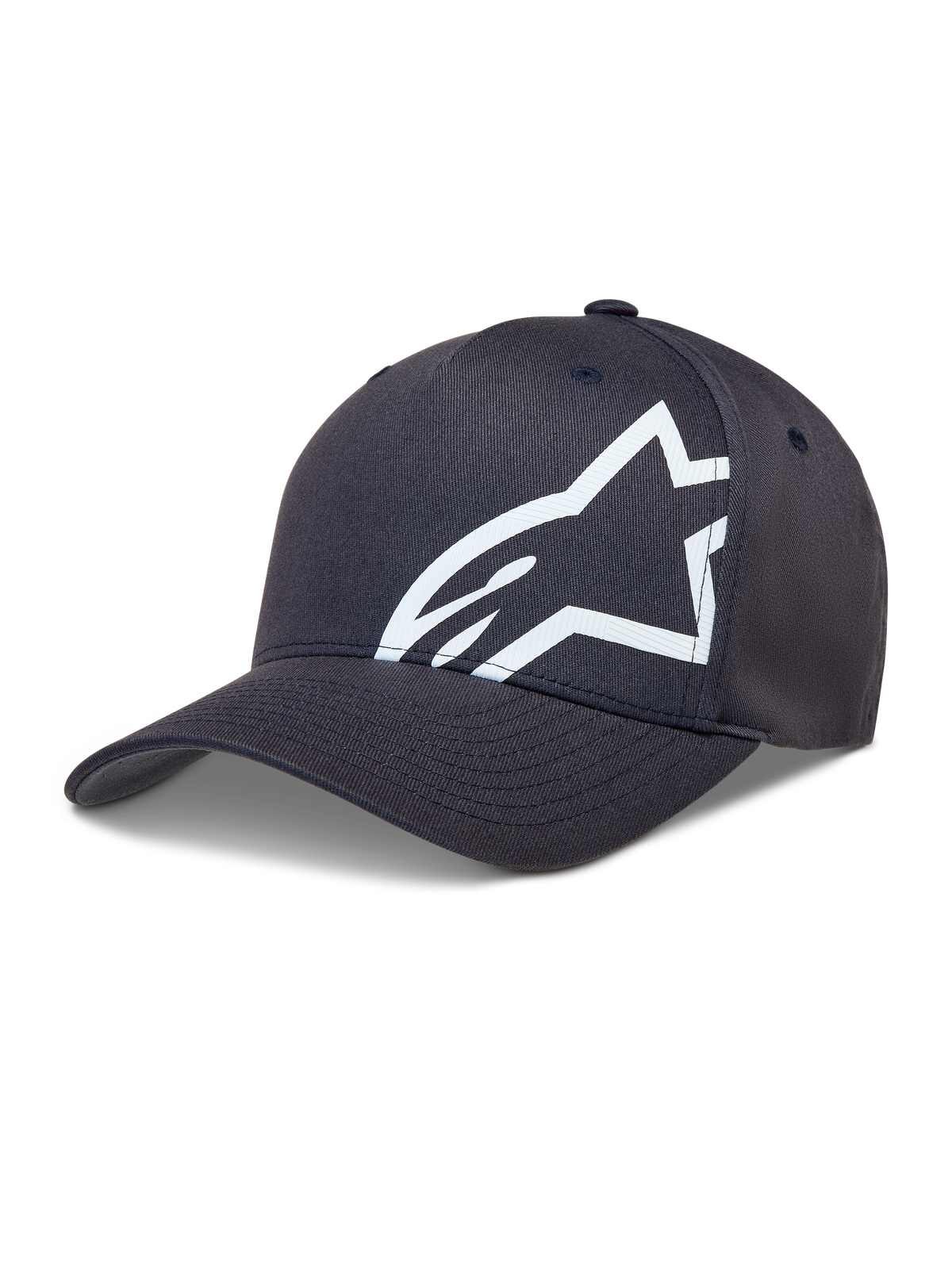 Alpinestars Maze Hat, mørkegrå kasket med buet skygge og hvidt tekstureret Astars-logo, afslappet motorsport-streetwear