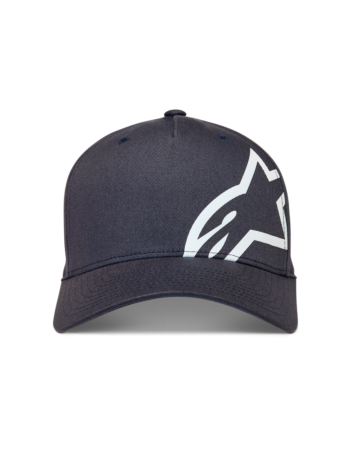 Alpinestars Maze Hat, mørkegrå baseball-kasket, buet skygge, stort hvidt tekstureret Astars-logo, afslappet motorsportstøj