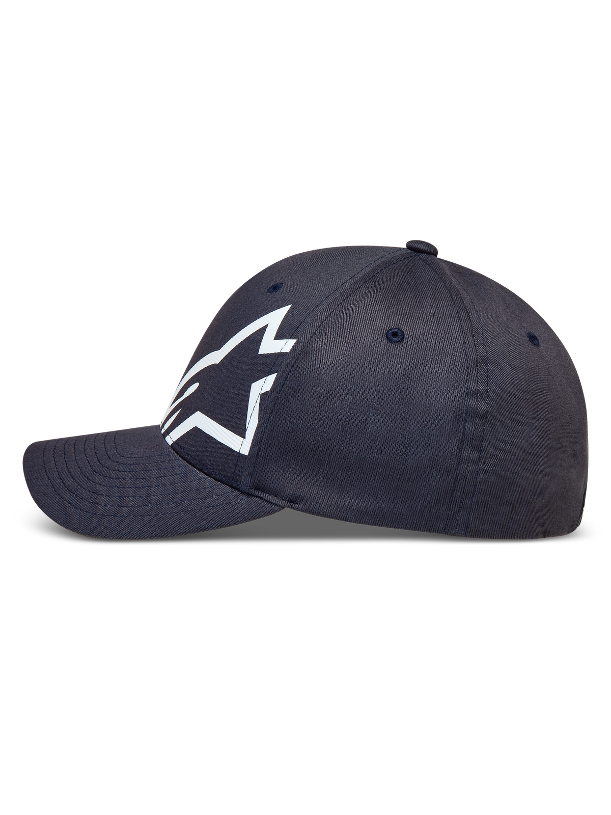 Alpinestars Maze Hat, mørkegrå kasket med buet skygge og hvidt tekstureret Astars-logo på twill, motorsport-tøj.