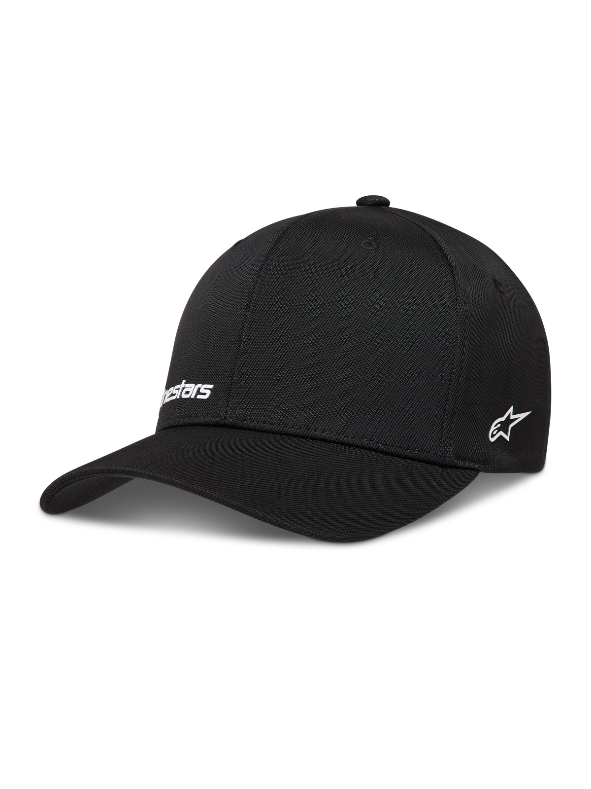 Alpinestars Points Hat, sort kasket i nylon tactel med hvide HD-printede logoer og flex back-pasform, motorsport sportstøj.
