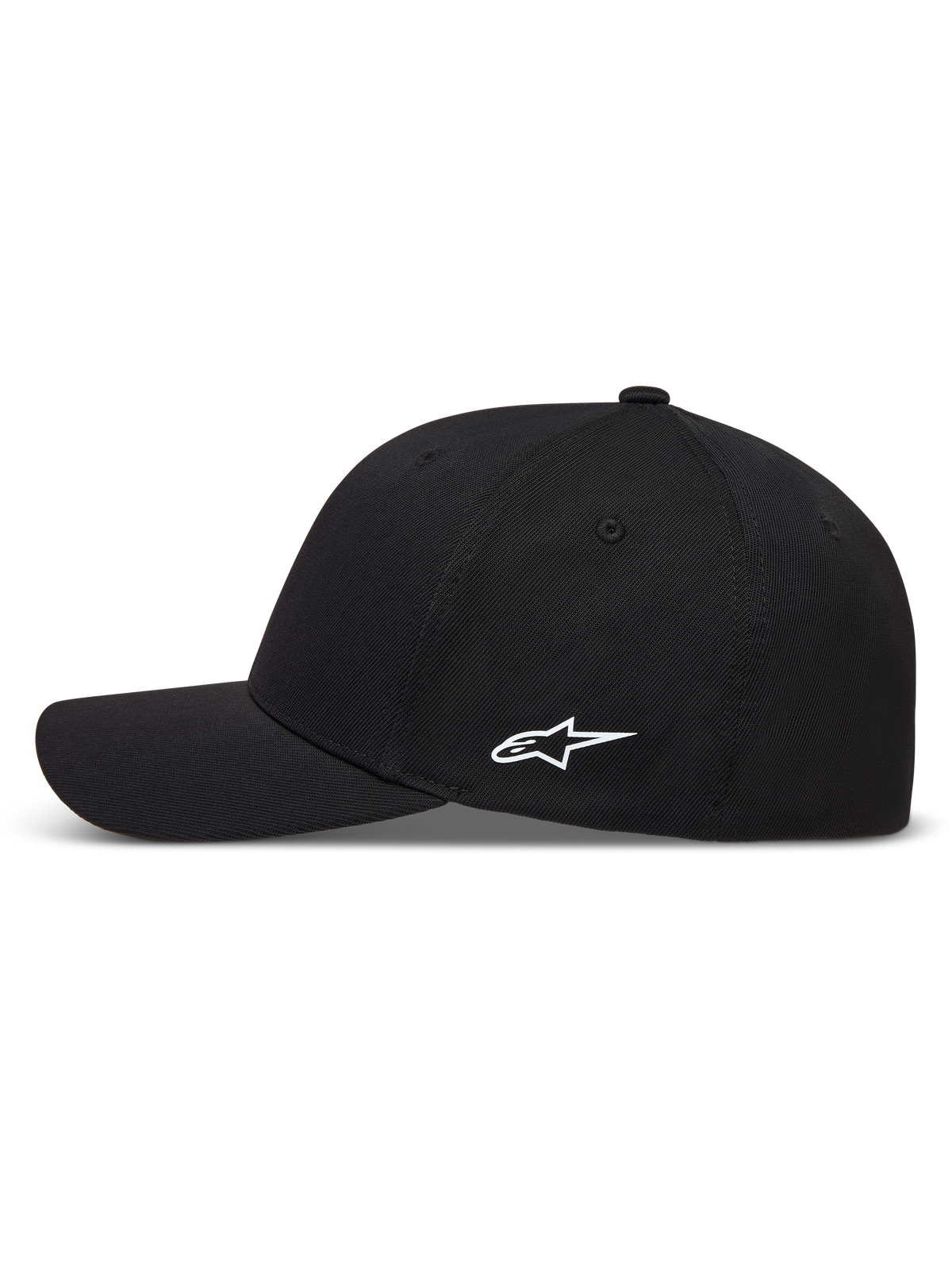 Alpinestars Points Hat, sort kasket i nylon tactel med hvidt HD-printet Astars-logo på siden og buet skygge.