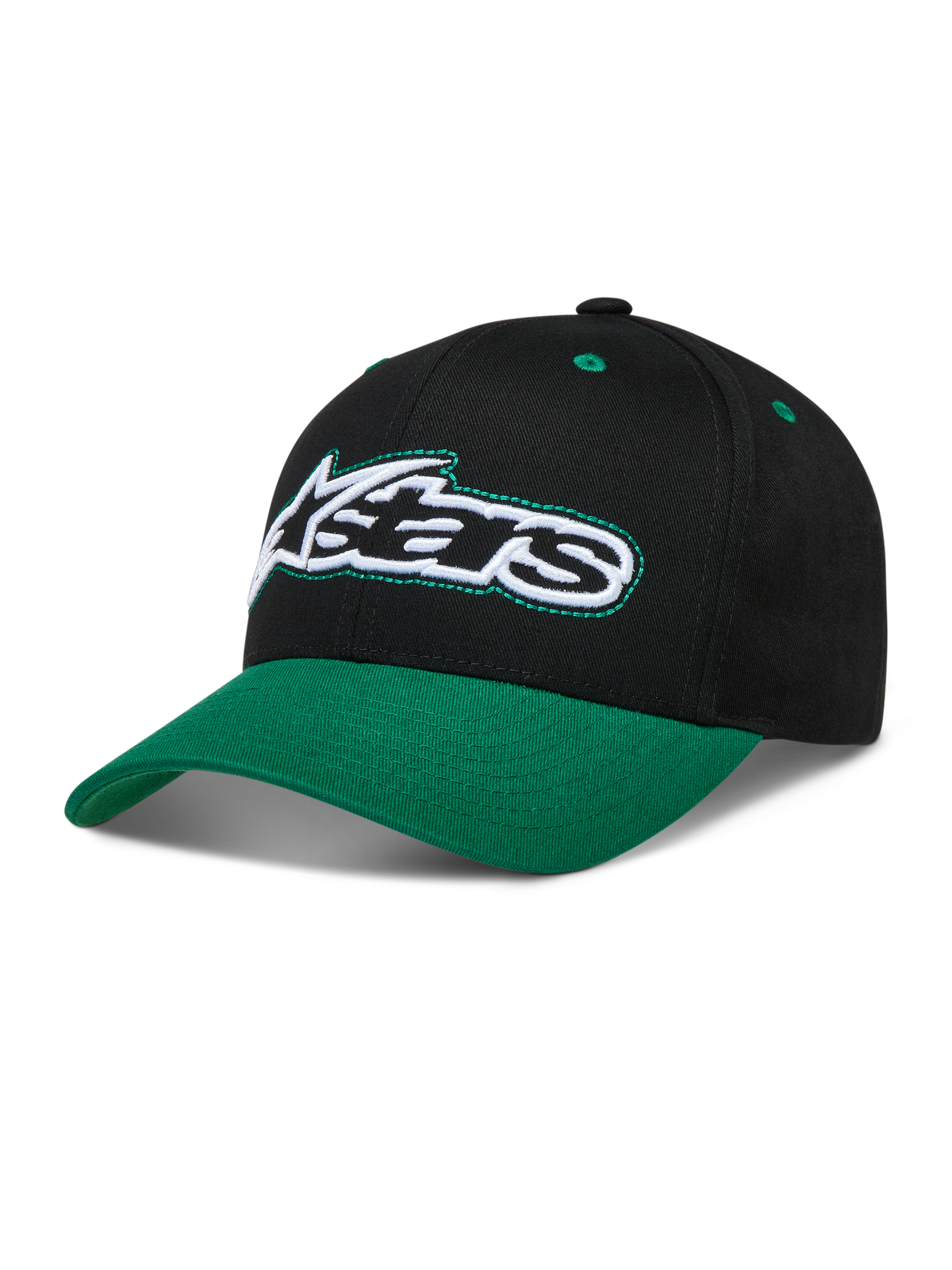 Alpinestars Retro Snapback Hat, sort og grøn kasket med buet skygge, struktureret krone og broderet Astars-logo.