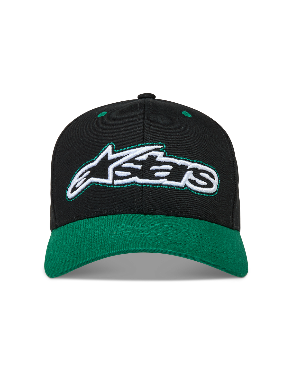 Alpinestars Retro Snapback Hat, sort og grøn sportskasket i bomuldstwill med buet skygge og broderet Astars-logo.