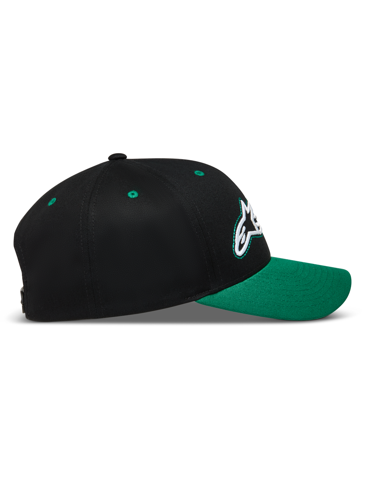 Alpinestars Retro Snapback Hat, sort og grøn kasket med buet skygge og hvidt Astars-logo på siden.