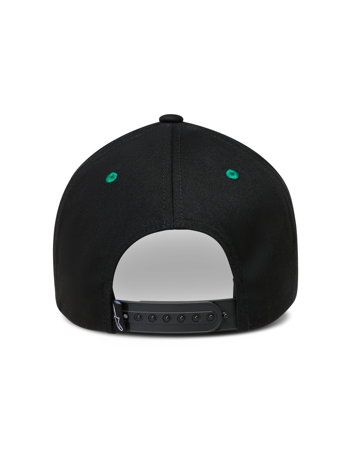 Alpinestars Retro Snapback kasket, sort og grøn baseballkasket med justerbar snapback-lukning, set bagfra.