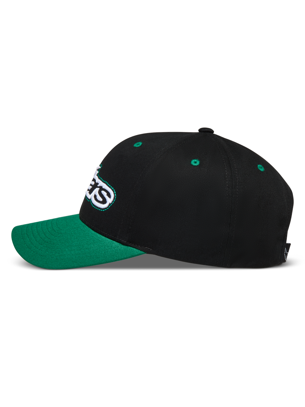 Alpinestars Retro Snapback Hat, sort og grøn kasket med buet skygge og broderet Astars-logo, set fra siden.