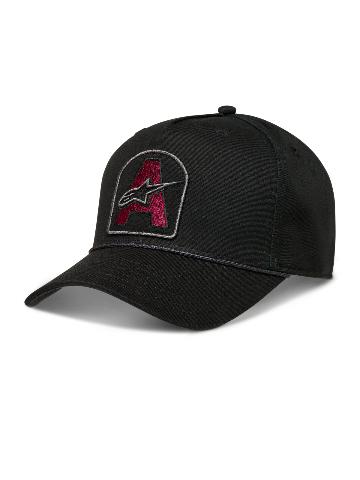 Alpinestars Acme snapback kasket, sort twillkasket med vinrødt broderet logomærke, buet skygge og rebkant.