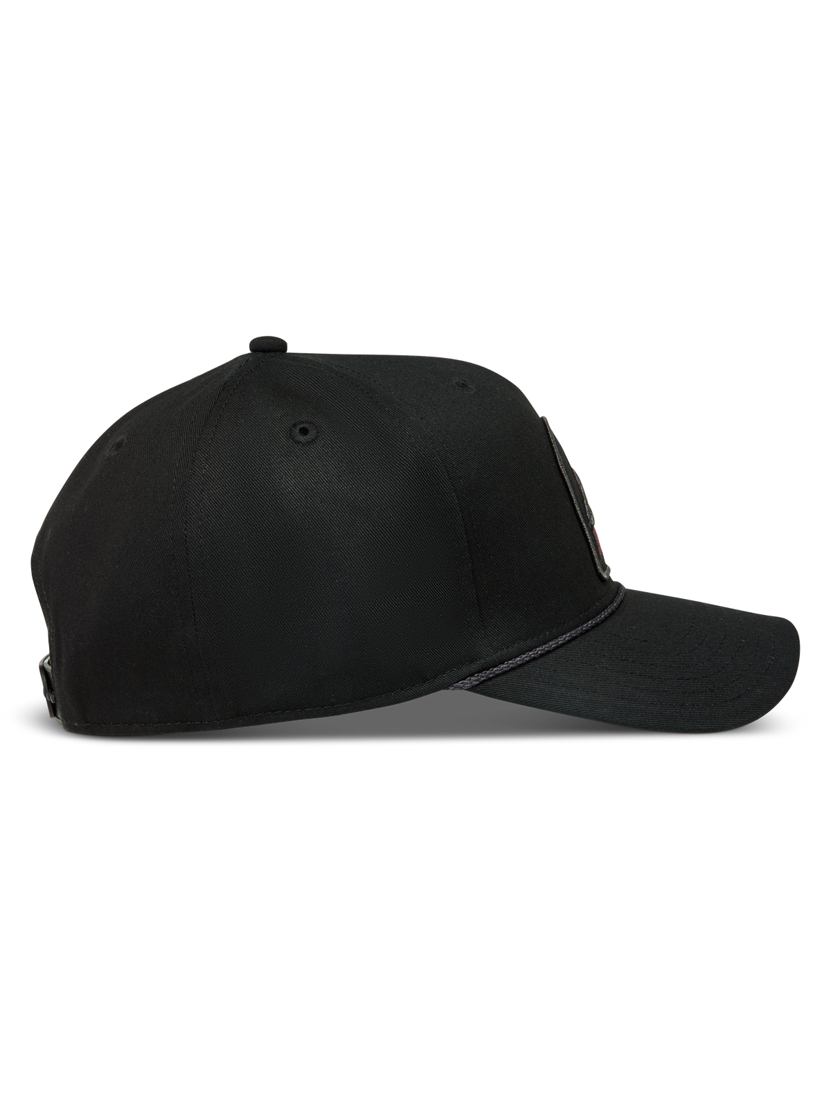 Alpinestars Acme Snapback, sort kasket i twill med buet skygge, struktureret krone og rebkant, set fra siden.