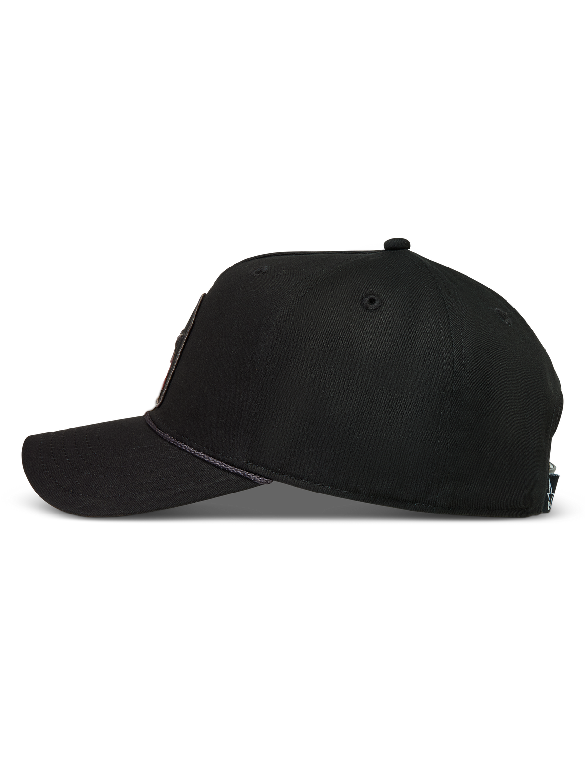 Alpinestars Acme Snapback, sort sportskasket set fra siden med struktureret krone, buet skygge og rebkant.