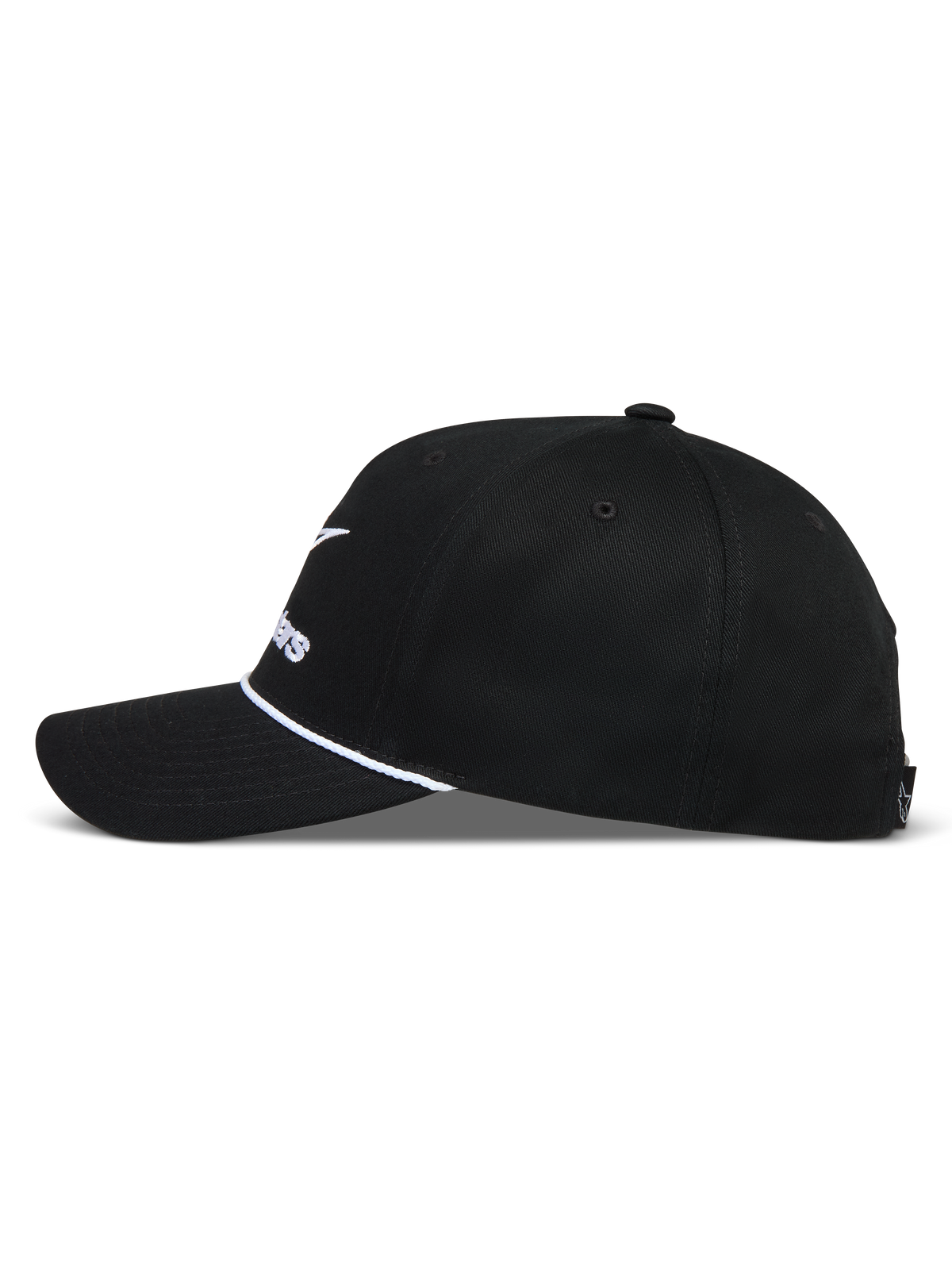 Alpinestars Combo Logo Snapback kasket, sort motorsport cap med buet skygge, hvid snoredetalje og struktureret krone.