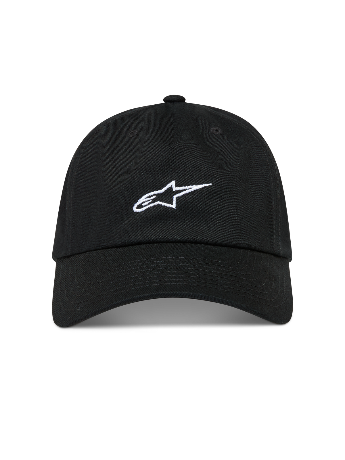 Alpinestars Dylan Dad Hat, kasket i sort bomuldstwill med hvidt broderet Astars-logo, ustruktureret krone og buet skygge.