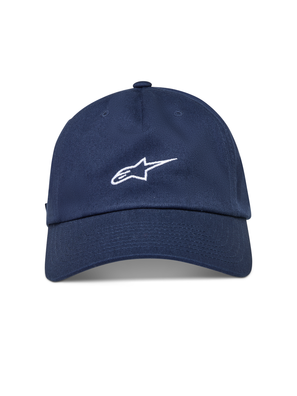 Alpinestars Dylan Dad Hat, mørkeblå sportskasket med buet skygge, ustruktureret krone og hvidt broderet Astars-logo.