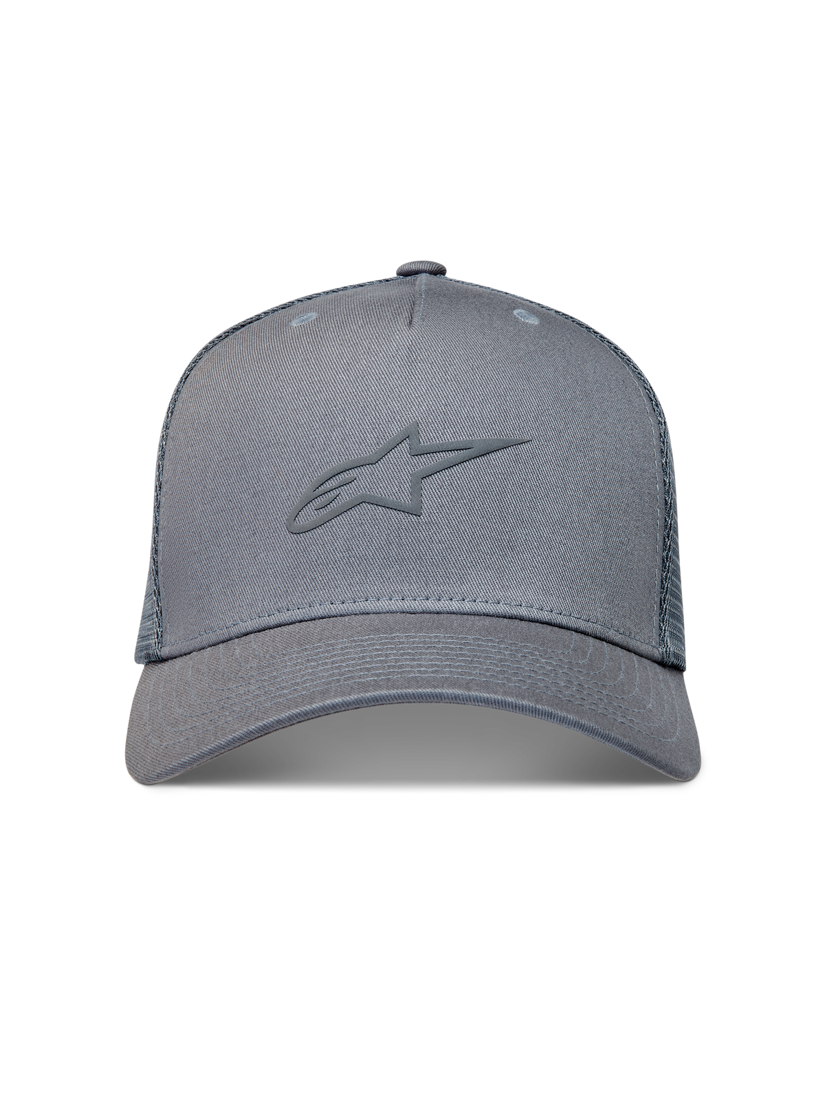 Alpinestars Augment Trucker Hat, grå sportskasket med tekstureret puffprint-logo, buet skygge og diamantnet bagpå.