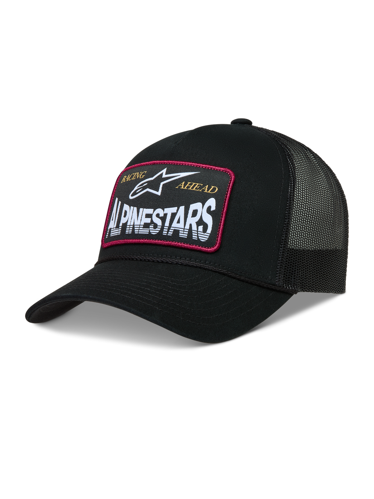 Alpinestars Hemmings Trucker cap, sort kasket med mesh-bagside og vævet logomærke med rød kant.